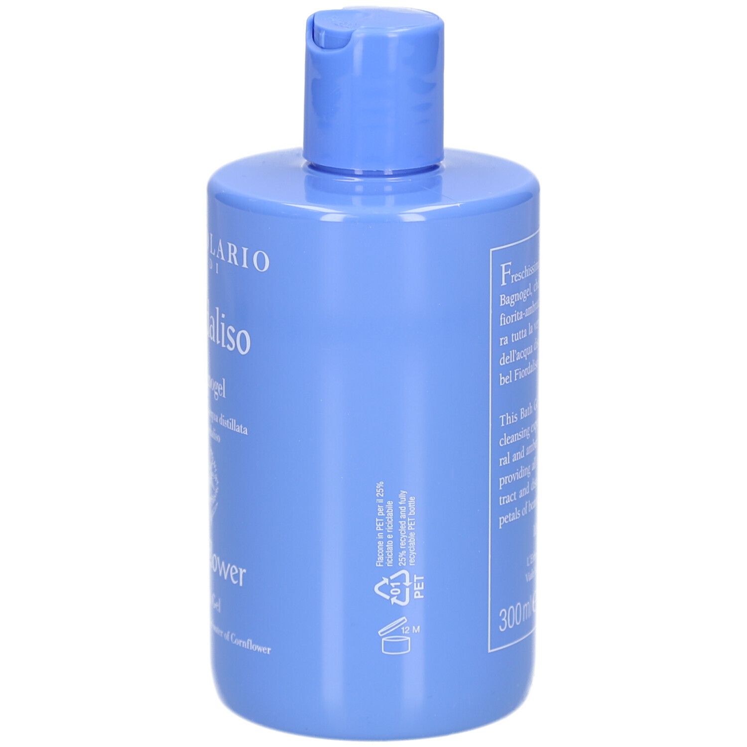 Hellblaues Bade-/Duschgel. Rückseite mit Text und Recycling-Symbolen. Aufschrift: L'Erbolario, Fiordaliso, Bagnogel, 300 ml.