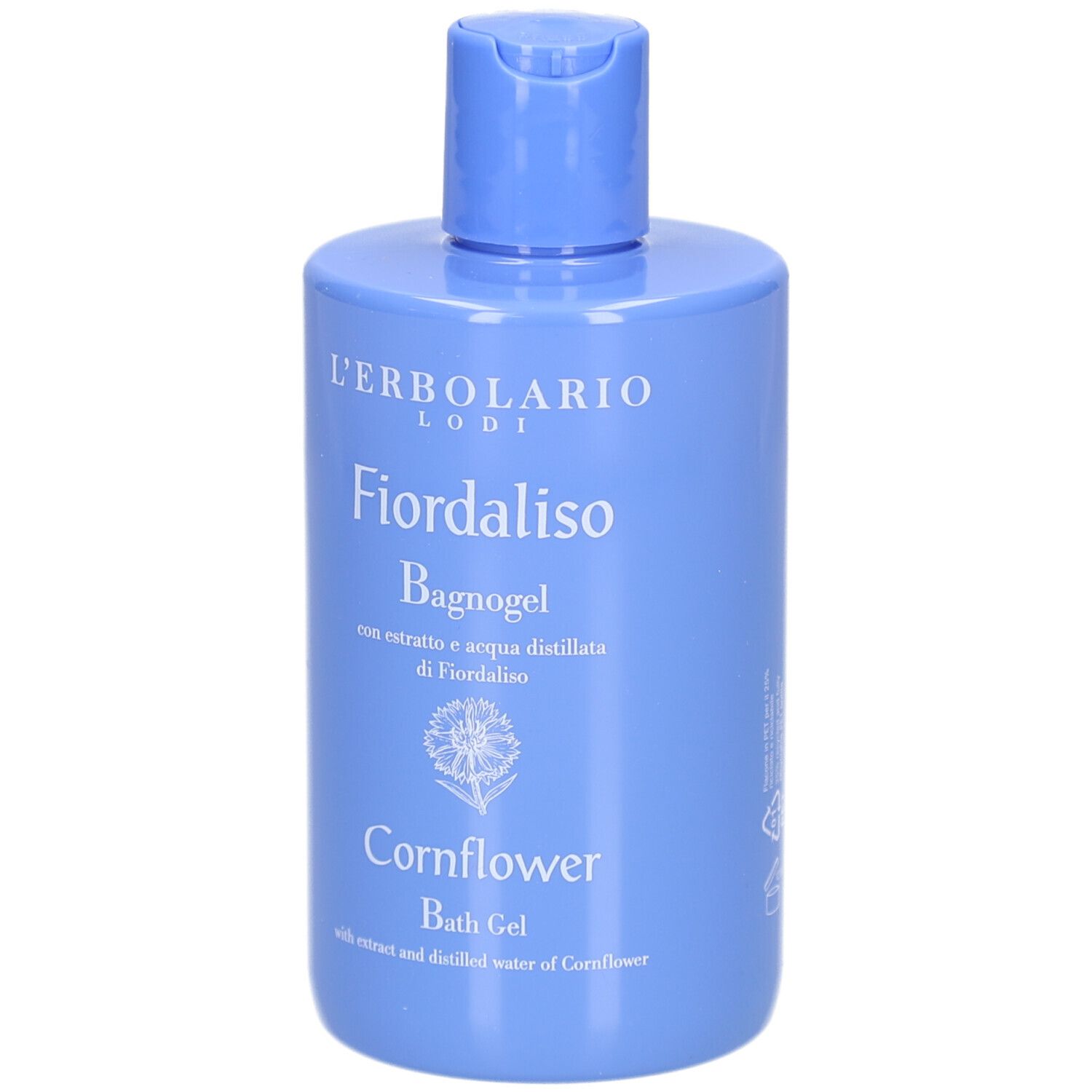 Hellblaues Bade-/Duschgel mit Klappverschluss. Aufschrift: L'Erbolario, Fiordaliso, Bagnogel, Cornflower Bath Gel.