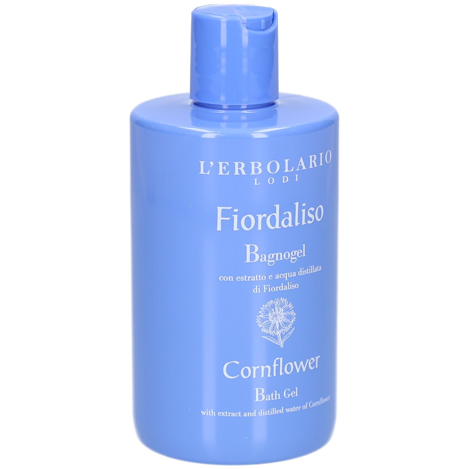 Hellblaues Bade-/Duschgel mit Klappverschluss. Aufschrift: L'Erbolario, Fiordaliso, Bagnogel, Cornflower Bath Gel.