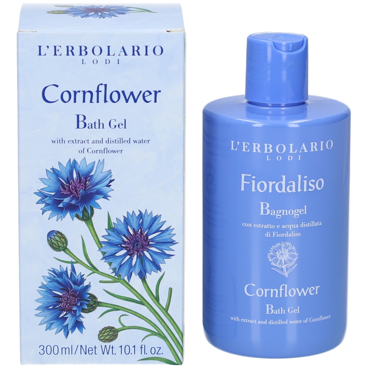 Hellblaues Bade-/Duschgel und Karton. Aufschrift: L'Erbolario, Cornflower Bath Gel, 300 ml/Net 10.1 fl oz. Karton mit Kornblumen.