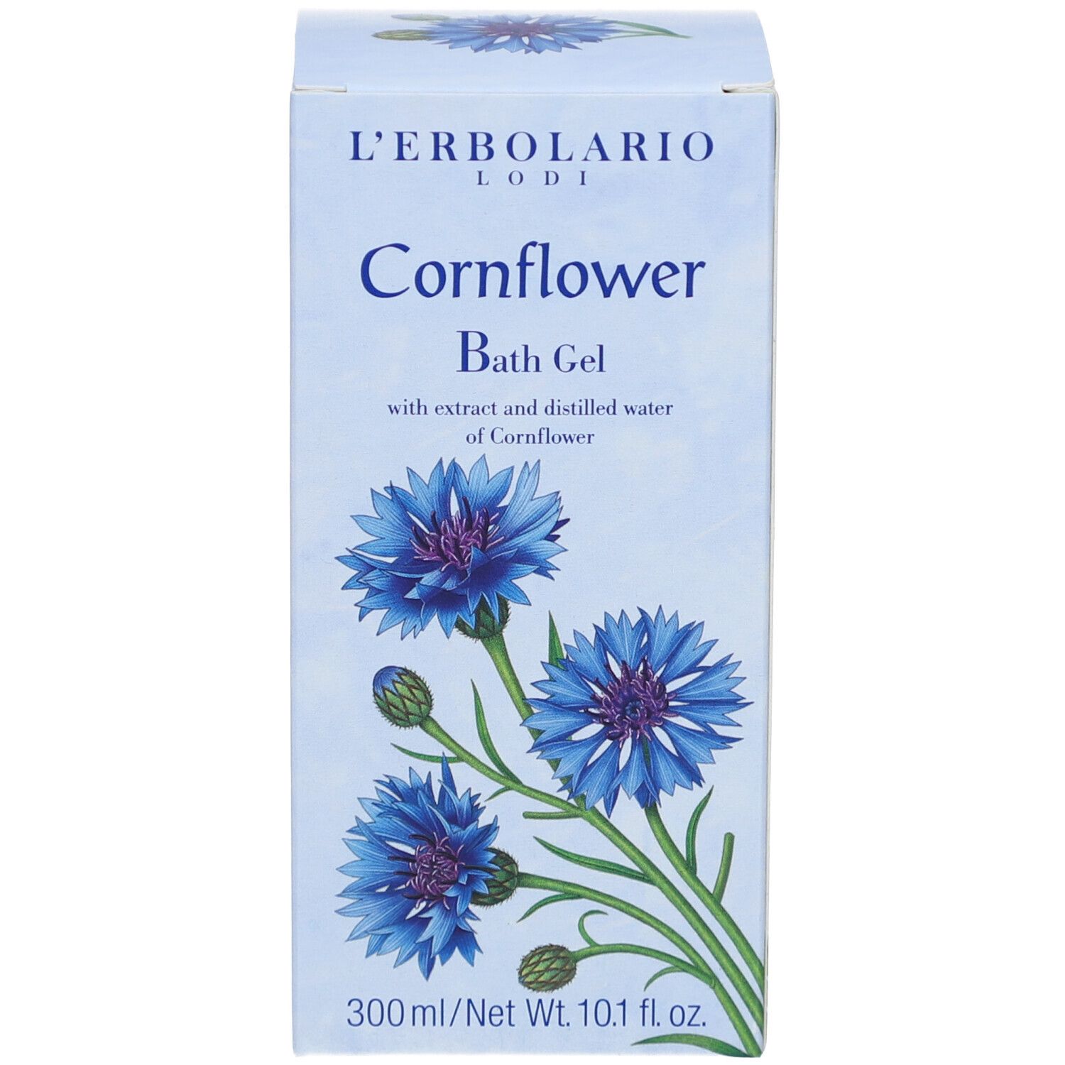 Karton mit Kornblumen-Illustration. Aufschrift: L'Erbolario, Cornflower Bath Gel, 300 ml/Net Wt. 10.1 fl oz.