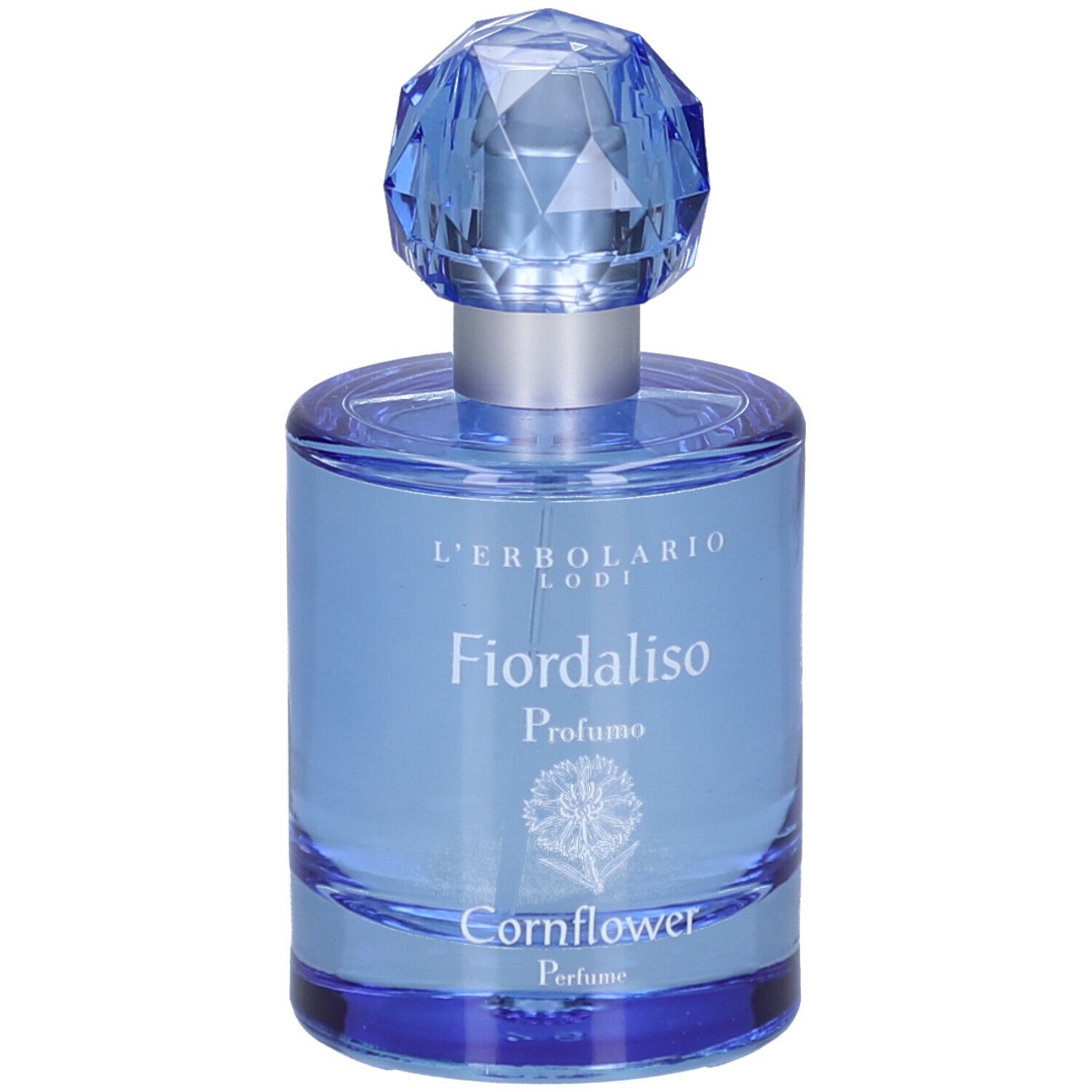Hellblaues Parfumflakon mit blauem, facettiertem Verschluss. Aufschrift: L'Erbolario, Fiordaliso, Profumo, Cornflower.