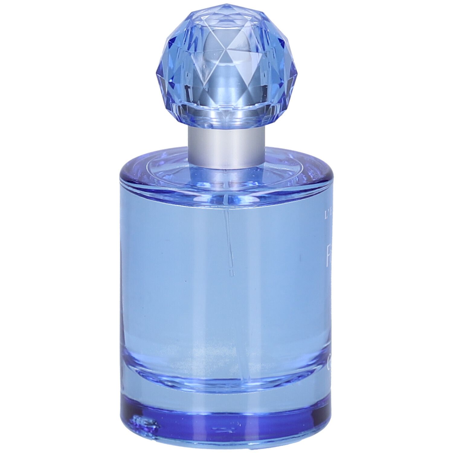 Hellblaues Parfumflakon mit blauem, facettiertem Verschluss. Aufschrift: L'Erbolario, Fiordaliso, Profumo.