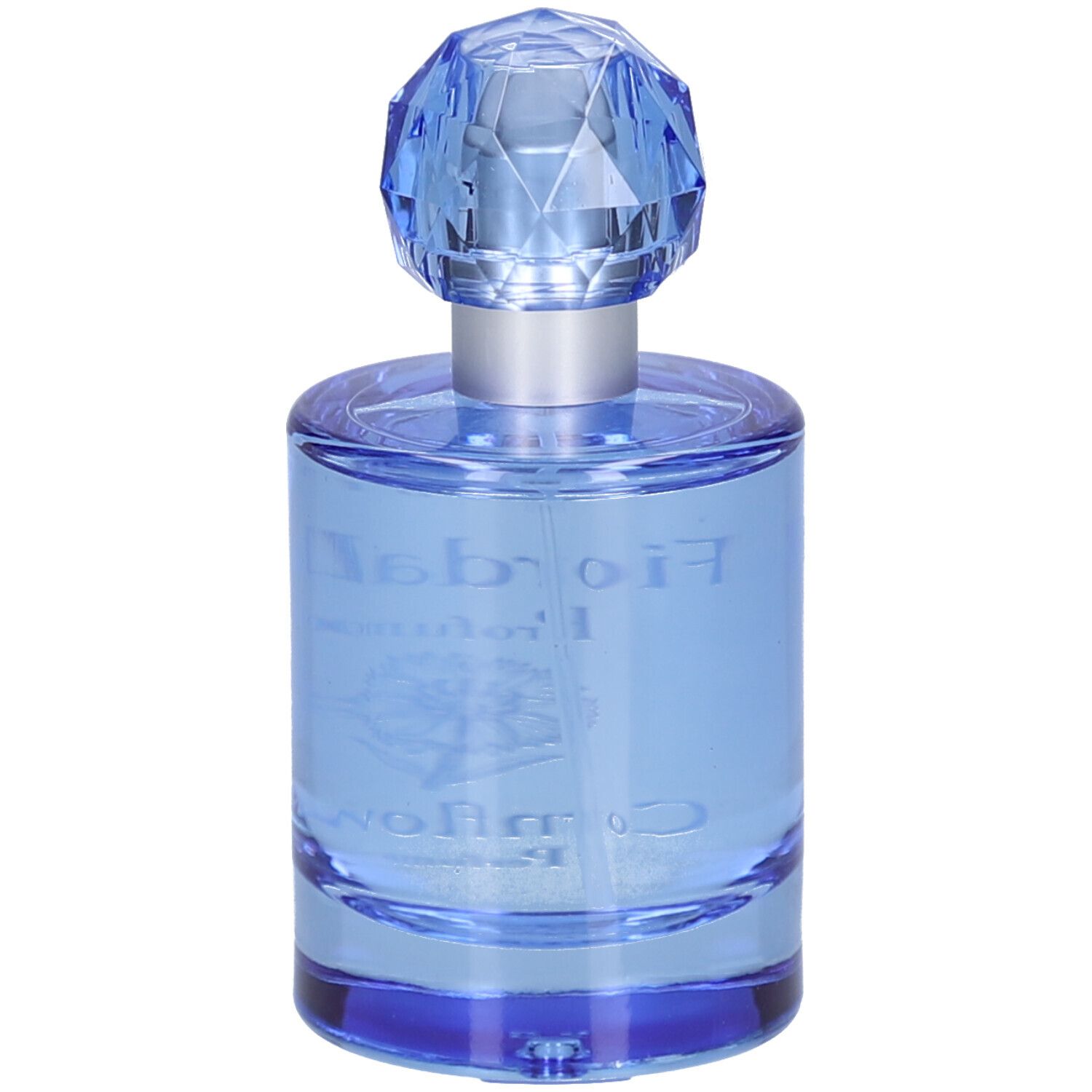 Hellblaues Parfumflakon mit blauem, facettiertem Verschluss. Aufschrift: L'Erbolario, Fiordaliso, Profumo, Cornflower.