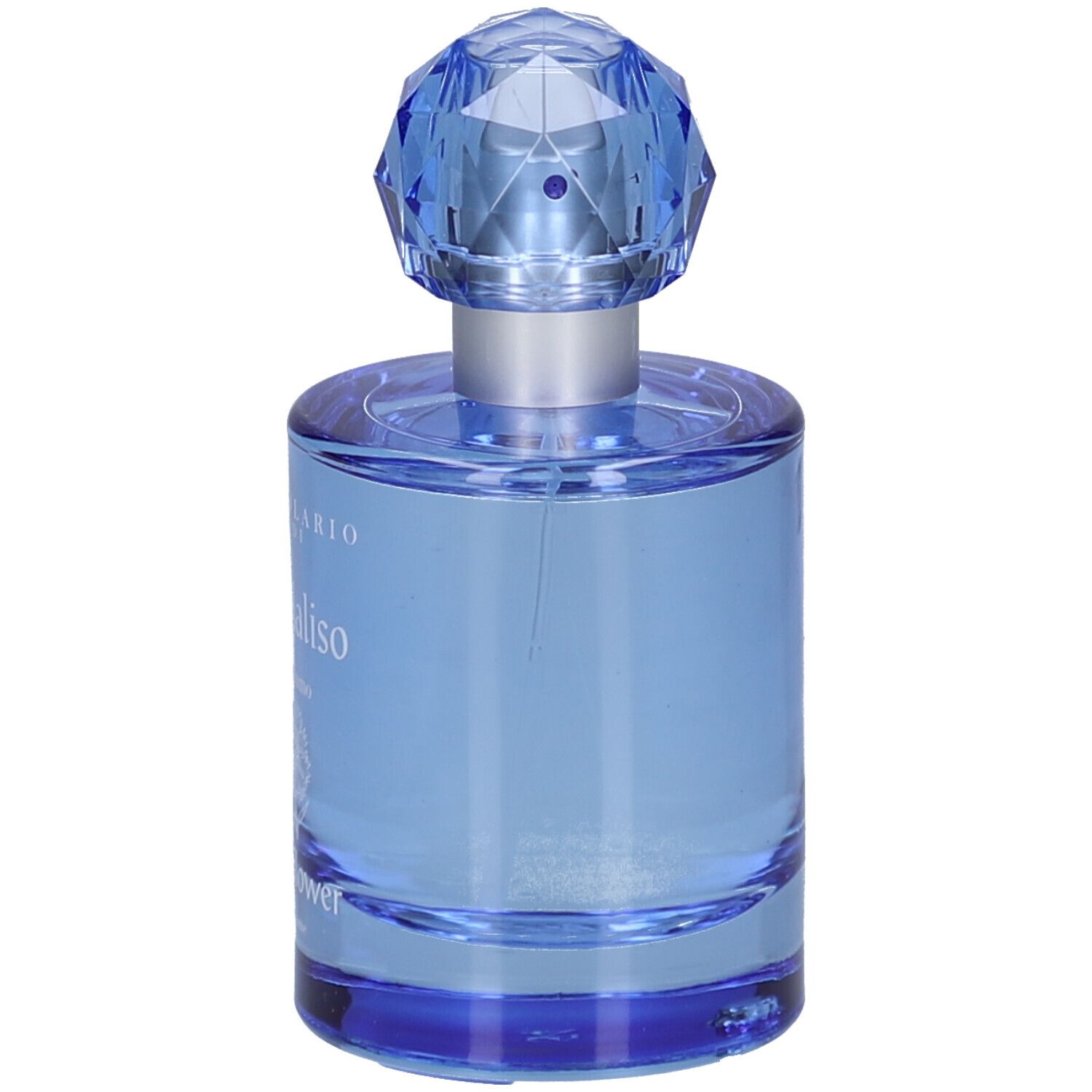 Hellblaues Parfumflakon mit blauem, facettiertem Verschluss. Aufschrift: L'Erbolario, Fiordaliso, Profumo, Cornflower.