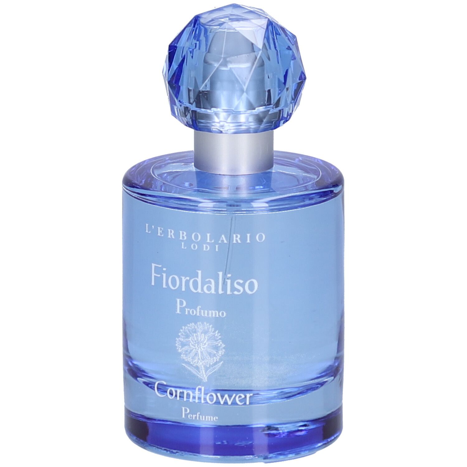 Hellblaues Parfumflakon mit blauem, facettiertem Verschluss. Aufschrift: L'Erbolario, Fiordaliso, Profumo, Cornflower.