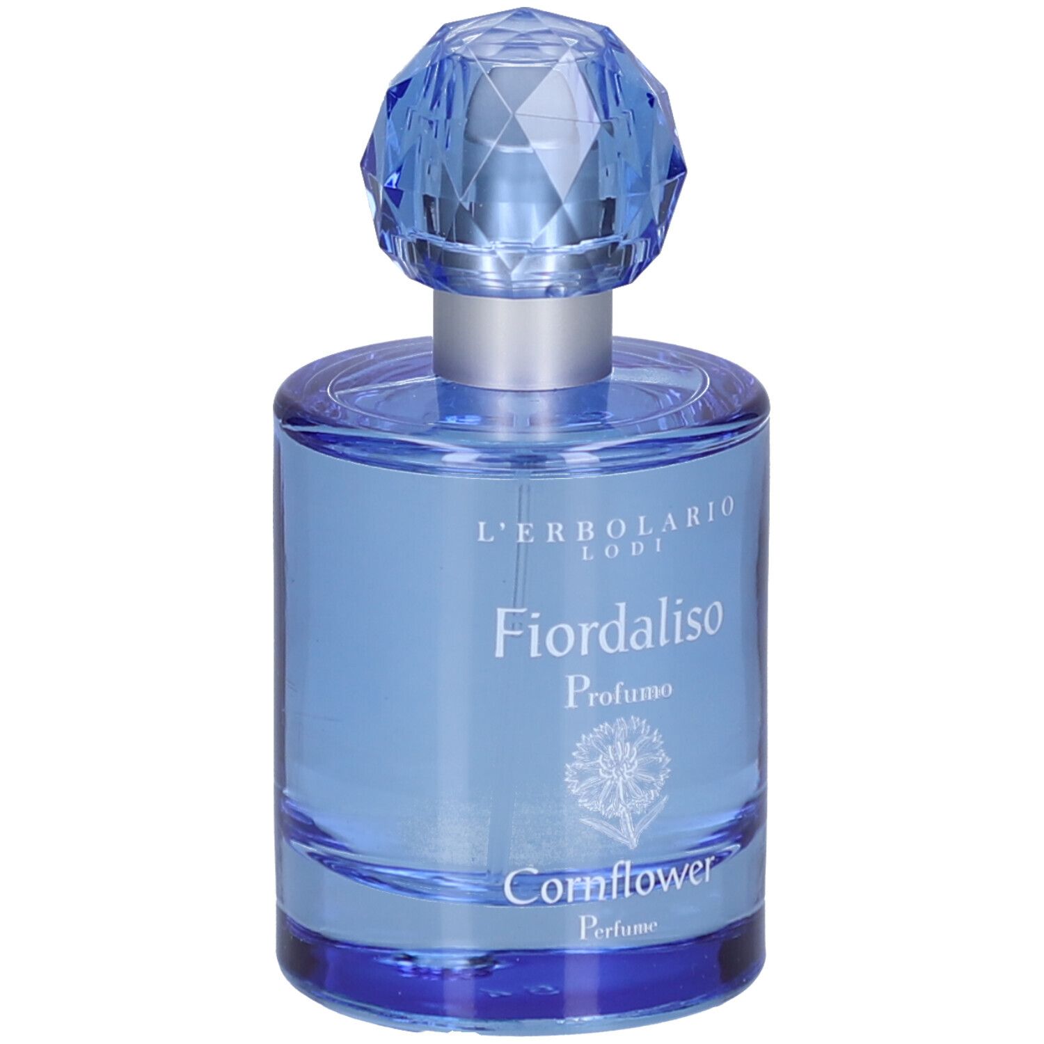 Hellblaues Parfumflakon mit blauem, facettiertem Verschluss. Aufschrift: L'Erbolario, Fiordaliso, Profumo, Cornflower.
