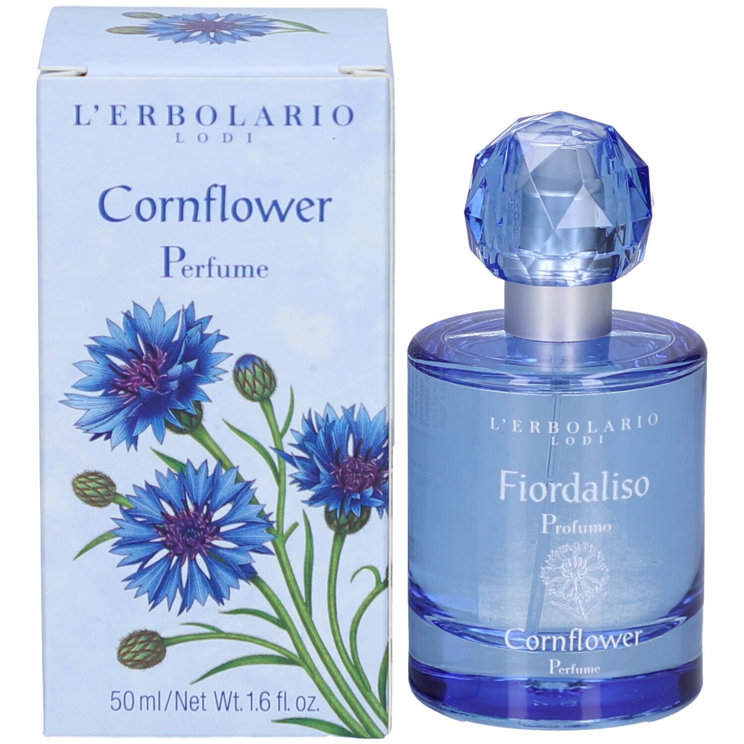 Parfumflakon und Schachtel. Flakon: hellblau, facettierter Verschluss. Schachtel: hellblau mit Kornblumen-Illustration.