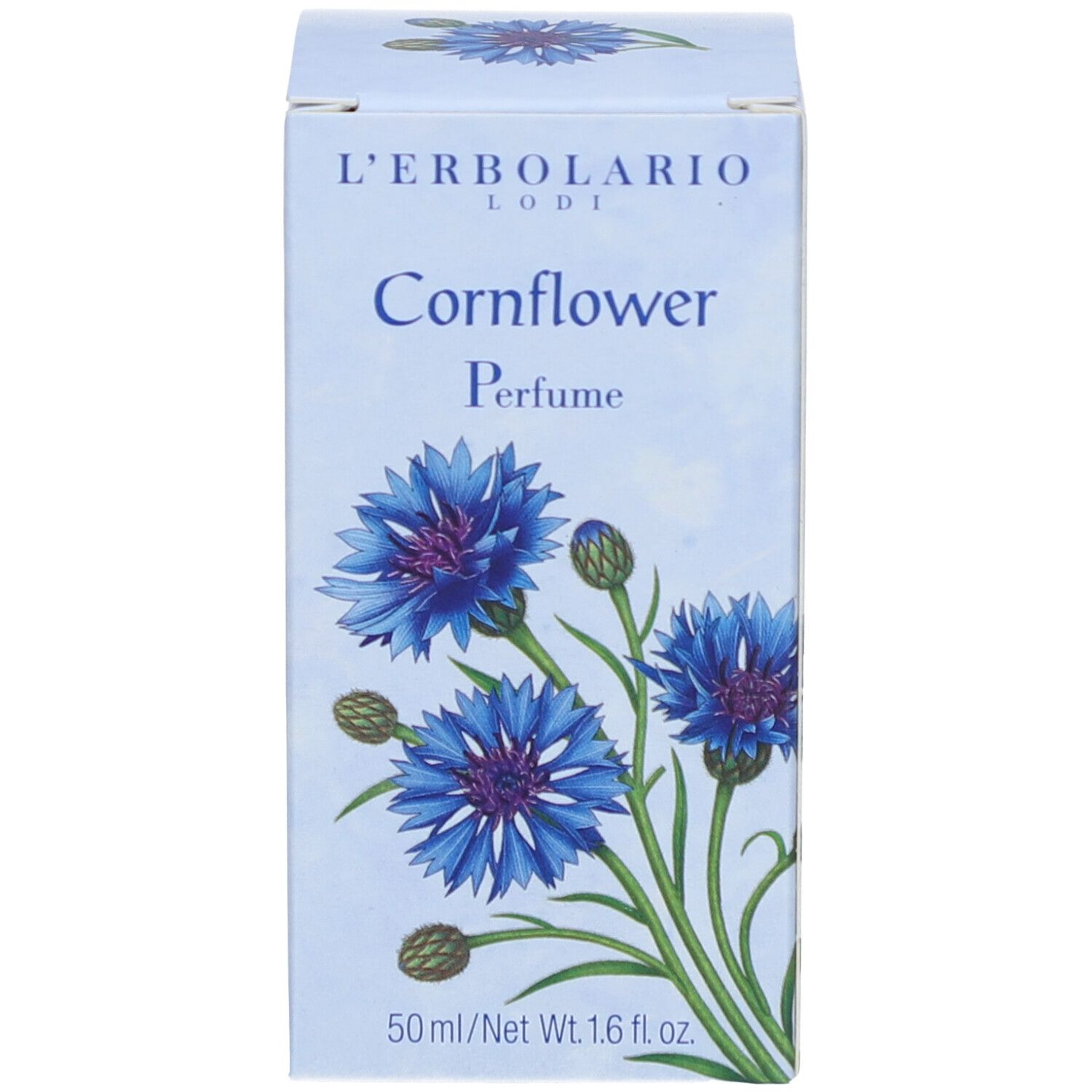 Hellblaue Schachtel mit Kornblumen-Illustration. Aufschrift: L'Erbolario, Cornflower, Parfum.