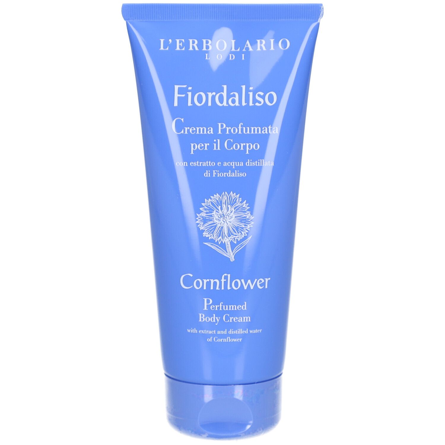 Blaue Tube mit L'Erbolario Fiordaliso Körperlotion. Text: Cornflower, Perfumed Body Cream. Abbildung einer Kornblume.