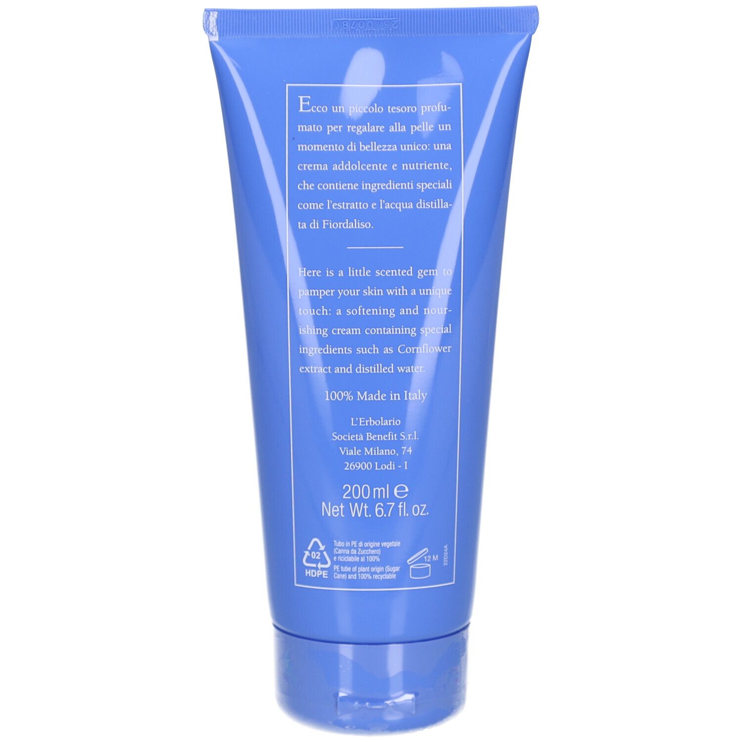 Rückseite der blauen Tube L'Erbolario Fiordaliso. Text in Englisch und Italienisch. Made in Italy. 200 ml.