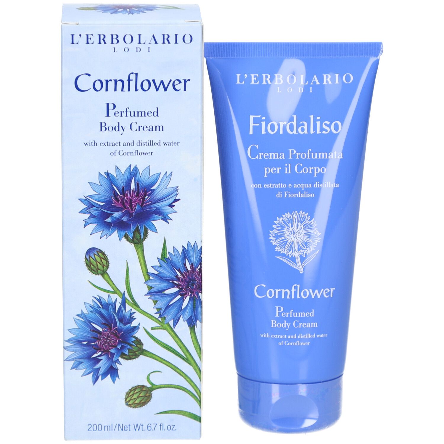 L'Erbolario Fiordaliso Körperlotion und Verpackung. Text: Cornflower, Perfumed Body Cream. Abbildung von Kornblumen.
