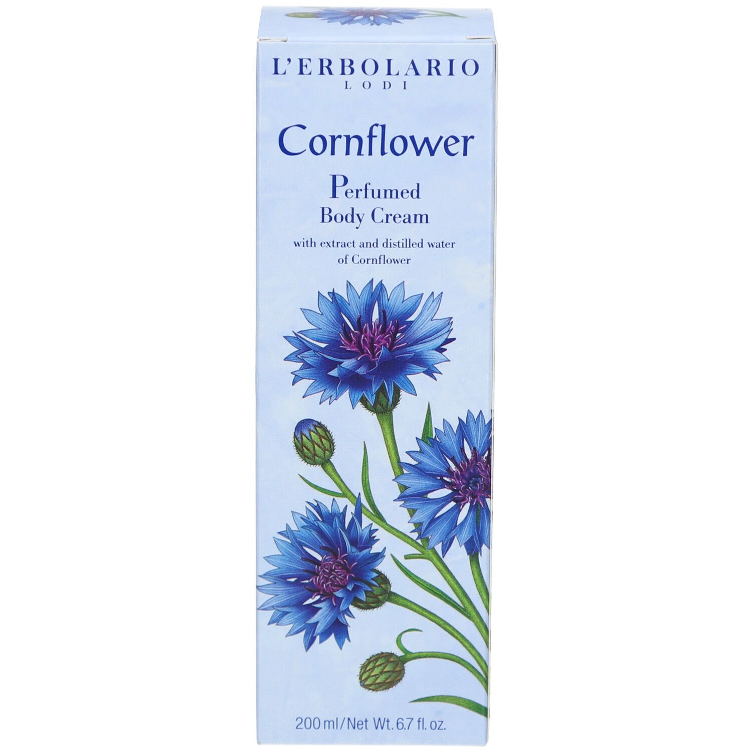 Verpackung der L'Erbolario Fiordaliso Körperlotion. Text: Cornflower, Perfumed Body Cream. Abbildung von Kornblumen.