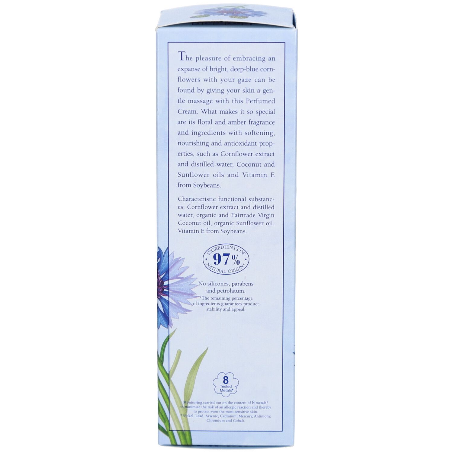 Verpackung der L'Erbolario Fiordaliso Körperlotion. Text. Inhaltsstoffe, 97% natürliche Inhaltsstoffe. Abbildung von Kornblumen.