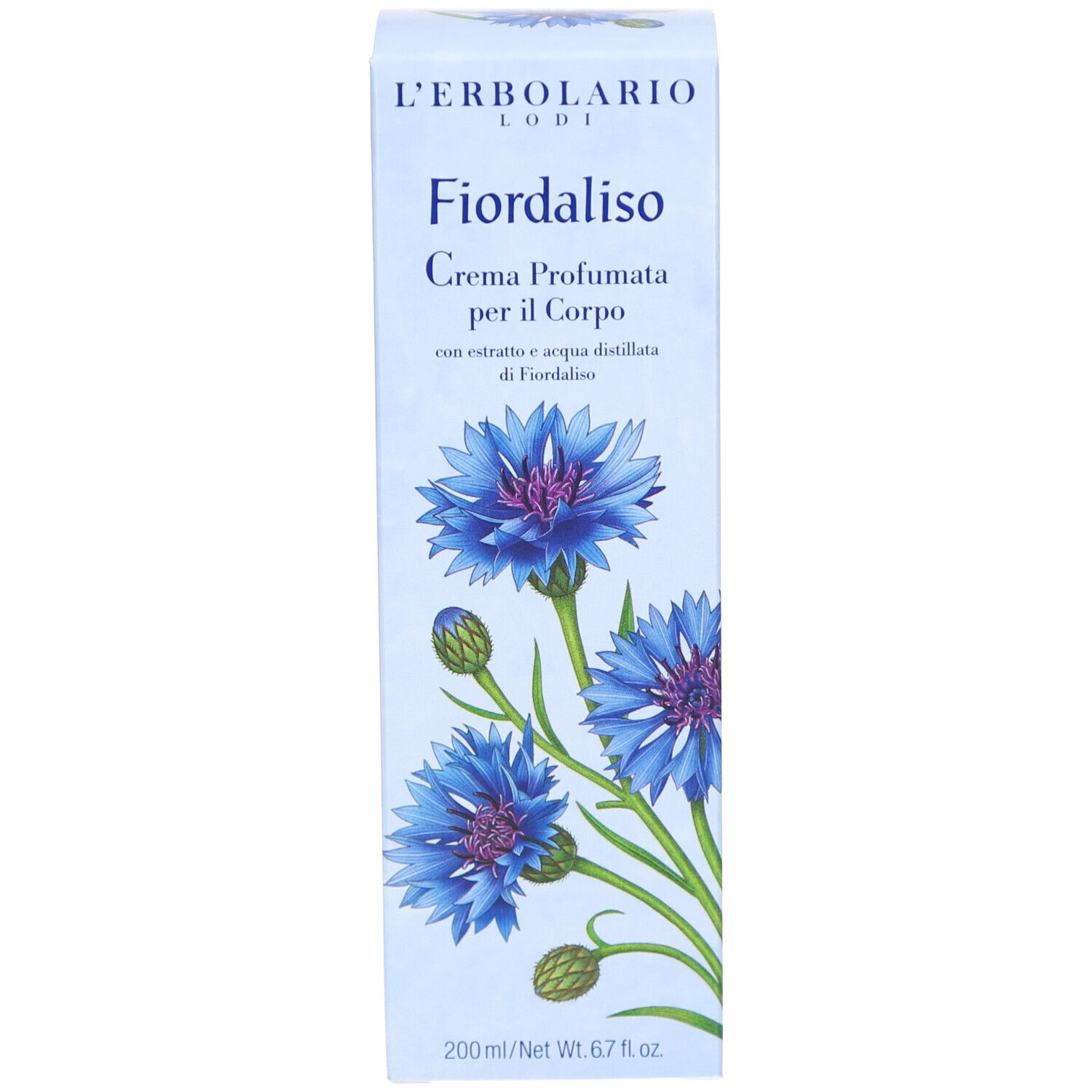 Verpackung der L'Erbolario Fiordaliso Körperlotion. Text: Fiordaliso, Crema Profumata per il Corpo. Abbildung von Kornblumen.