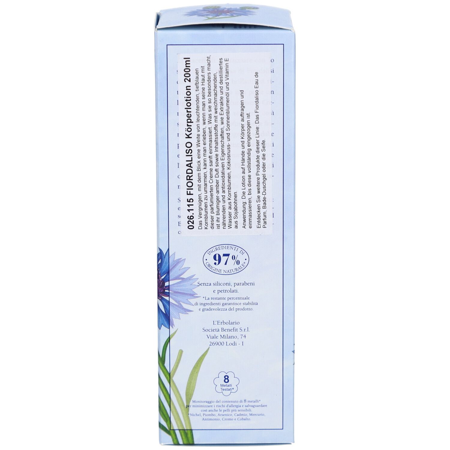 Verpackung der L'Erbolario Fiordaliso Körperlotion. Text. Inhaltsstoffe, 97% natürliche Inhaltsstoffe. Abbildung von Kornblumen.