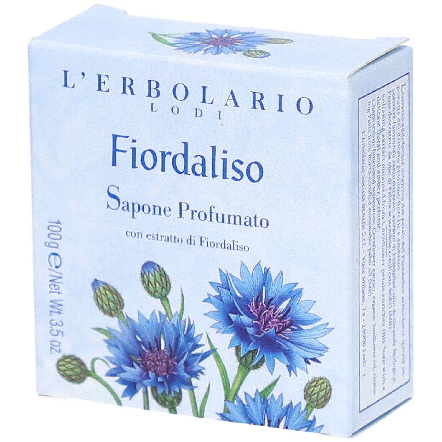 Kartonverpackung mit blauem Blumendesign und Produktnamen. Text: L'Erbolario, Fiordaliso, Sapone Profumato. 100g/Net Wt. 3.5 oz.