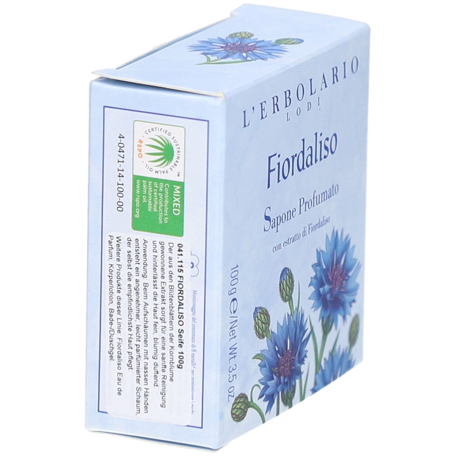 Kartonverpackung mit blauem Blumendesign. Text: L'Erbolario, Fiordaliso, Sapone Profumato. 100g/Net Wt. 3.5 oz. Zertifizierungen und Text.