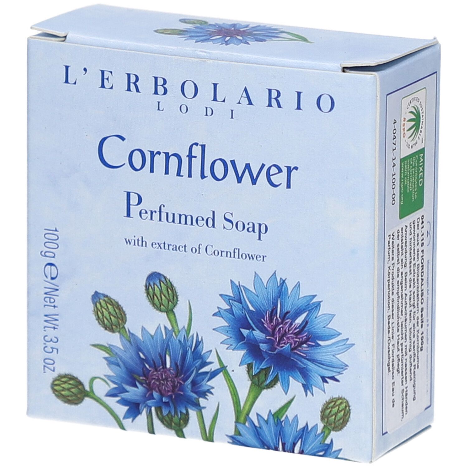 Kartonverpackung mit blauem Blumendesign. Text: L'Erbolario, Cornflower, Perfumed Soap, 100g/Net Wt. 3.5 oz. Zertifizierungen und Text.