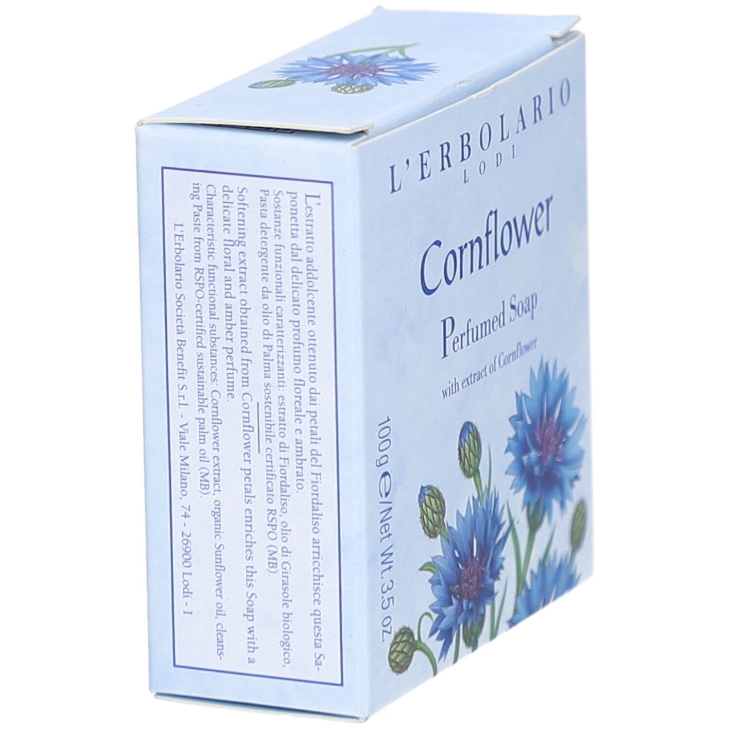 Kartonverpackung mit blauem Blumendesign. Text: L'Erbolario, Cornflower, Perfumed Soap, 100g/Net Wt. 3.5 oz. Text auf der Seite.