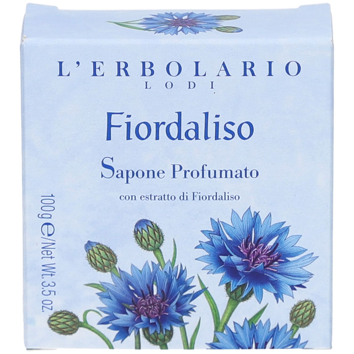 Kartonverpackung mit blauem Blumendesign. Text: L'Erbolario, Fiordaliso, Sapone Profumato, 100g/Net Wt. 3.5 oz.
