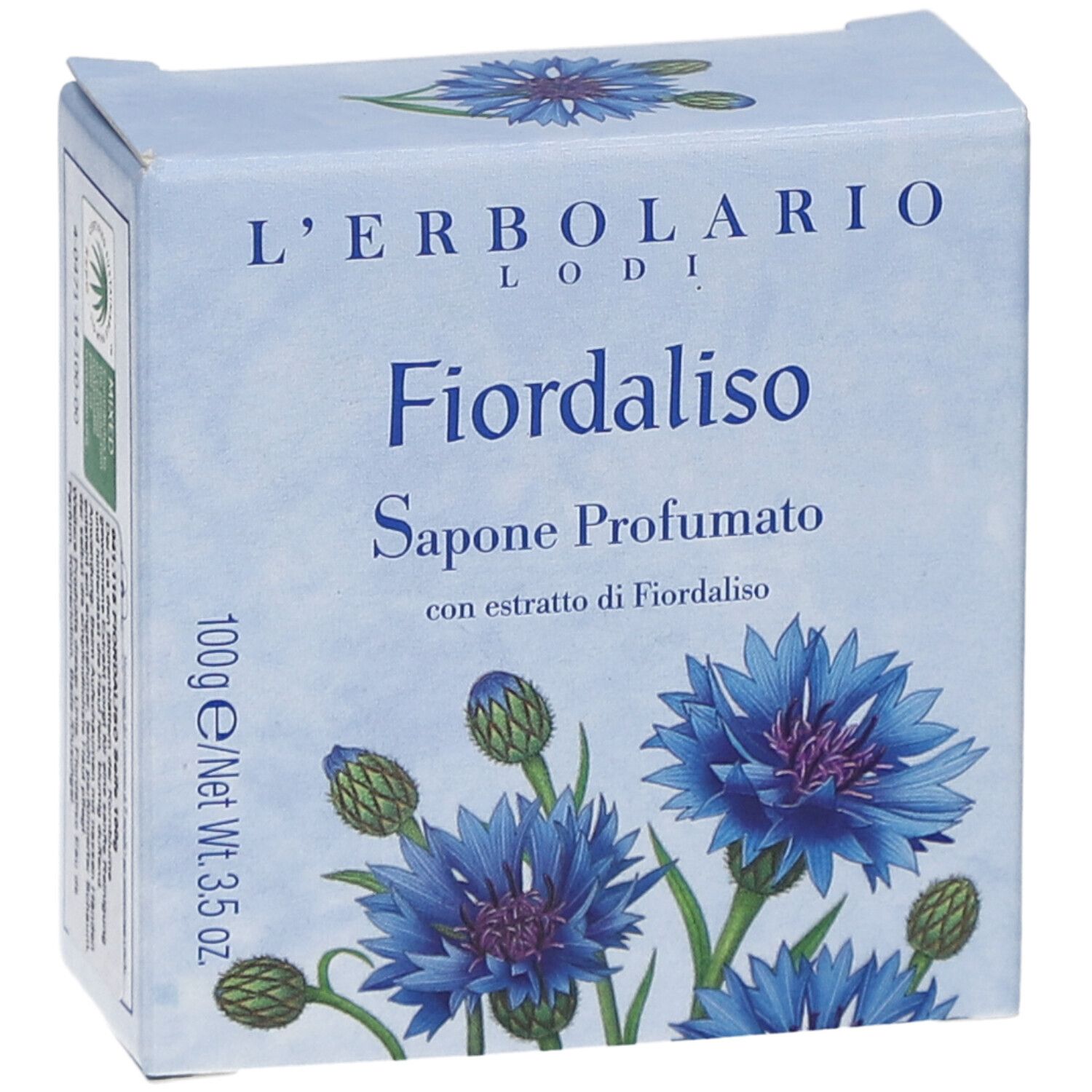 Kartonverpackung mit blauem Blumendesign. Text: L'Erbolario, Fiordaliso, Sapone Profumato, 100g/Net Wt. 3.5 oz.