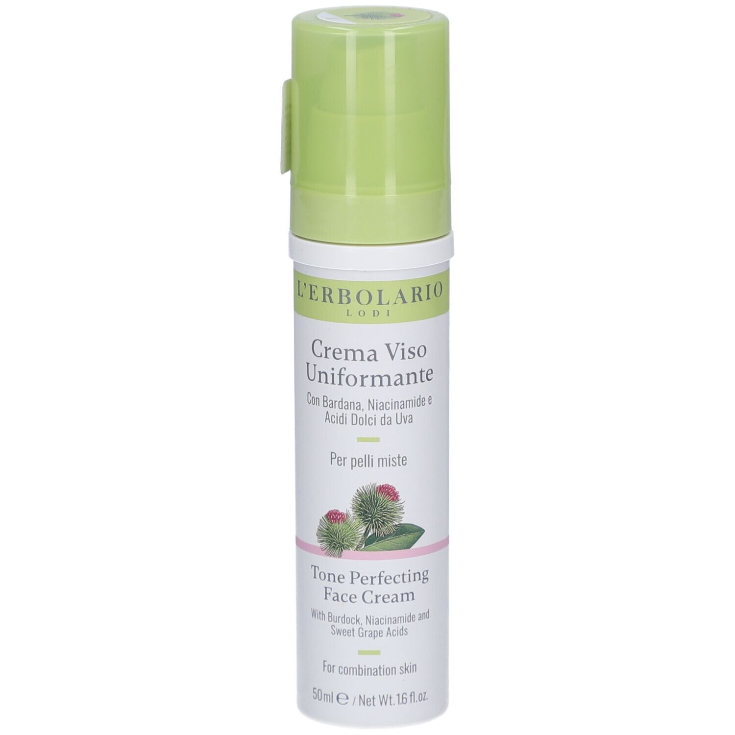 Creme-Spenderflasche. Weißer Behälter mit grünem Pumpkopf. Aufschrift: L'Erbolario, Creme Viso Uniformante, Tone Perfecting Face Cream.