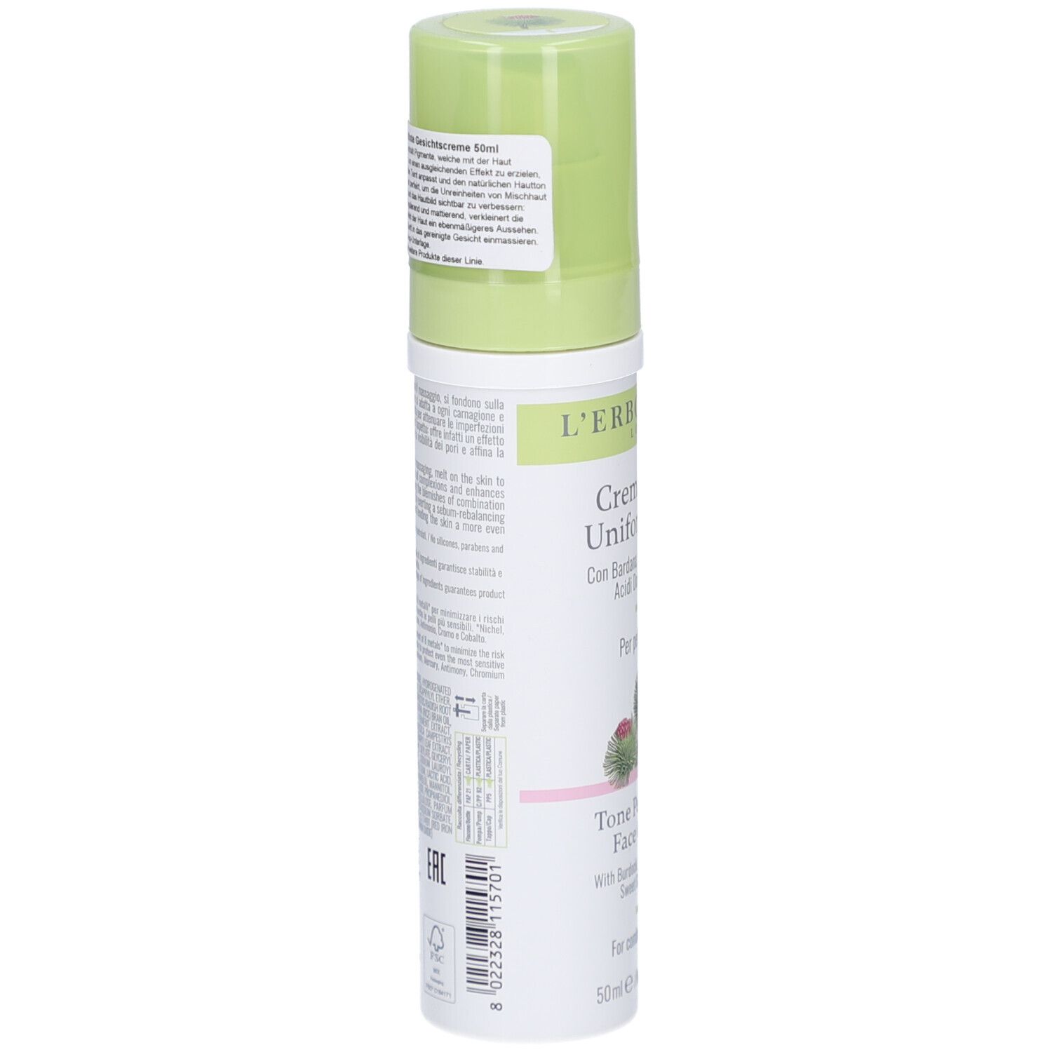 Creme-Spenderflasche, seitliche Ansicht. Weißer Behälter mit grünem Pumpkopf. Aufkleber mit Text. L'Erbolario Creme Viso Uniformante.
