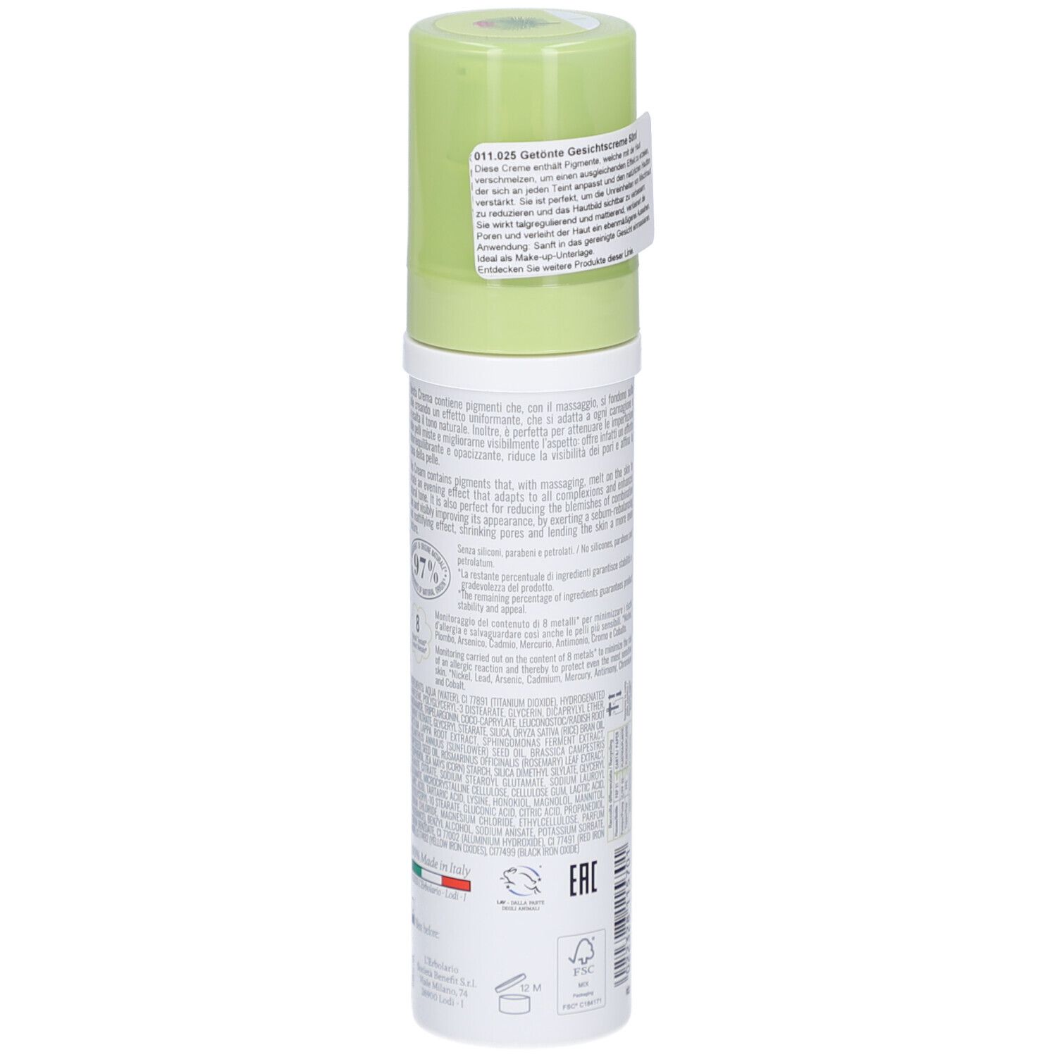 Creme-Spenderflasche, Rückansicht. Weißer Behälter mit grünem Pumpkopf. Aufkleber mit Text und Logos. L'Erbolario Creme Viso Uniformante.