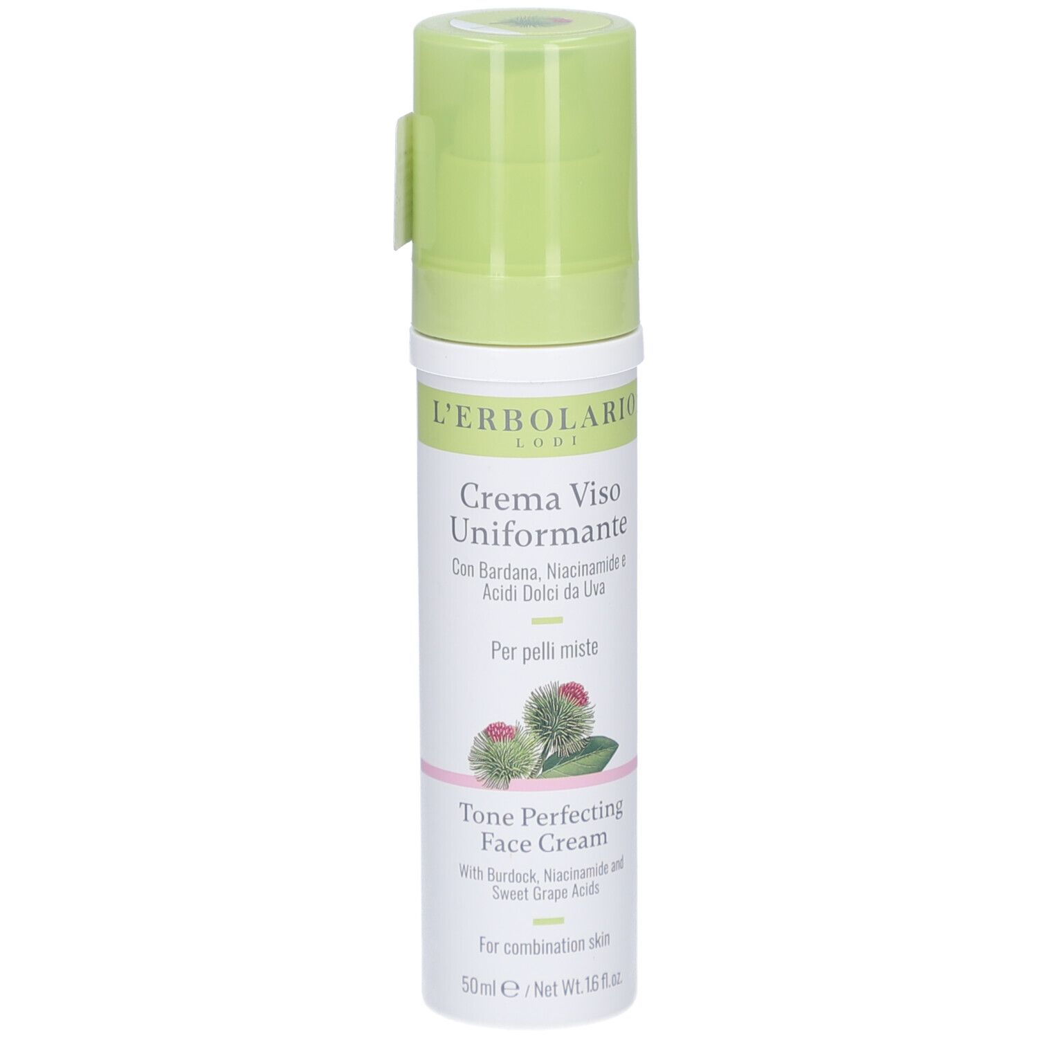 Creme-Spenderflasche. Weißer Behälter mit grünem Pumpkopf. Aufschrift: L'Erbolario, Creme Viso Uniformante, Tone Perfecting Face Cream.
