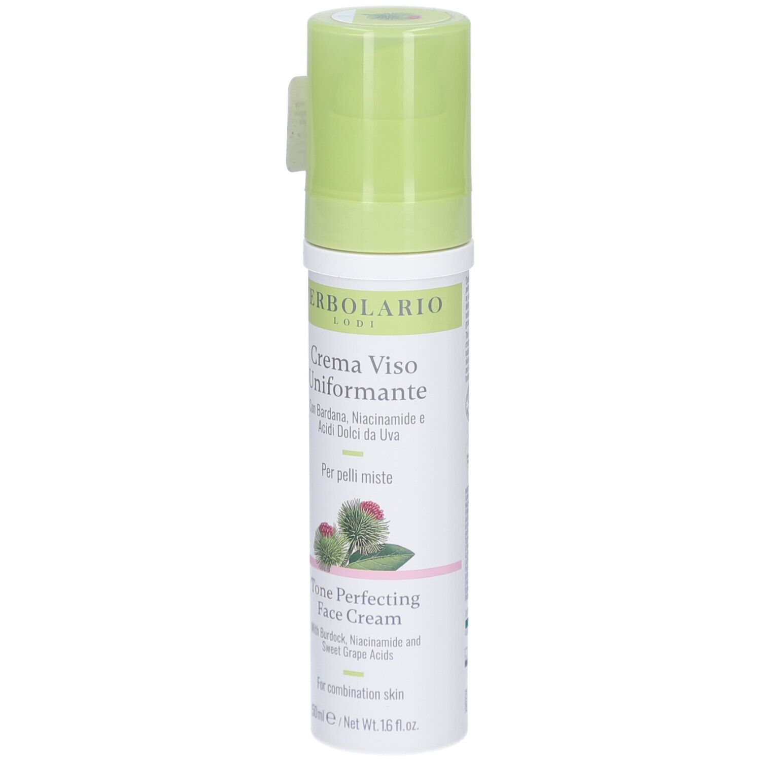 Creme-Spenderflasche. Weißer Behälter mit grünem Pumpkopf. Aufschrift: L'Erbolario, Creme Viso Uniformante, Tone Perfecting Face Cream.