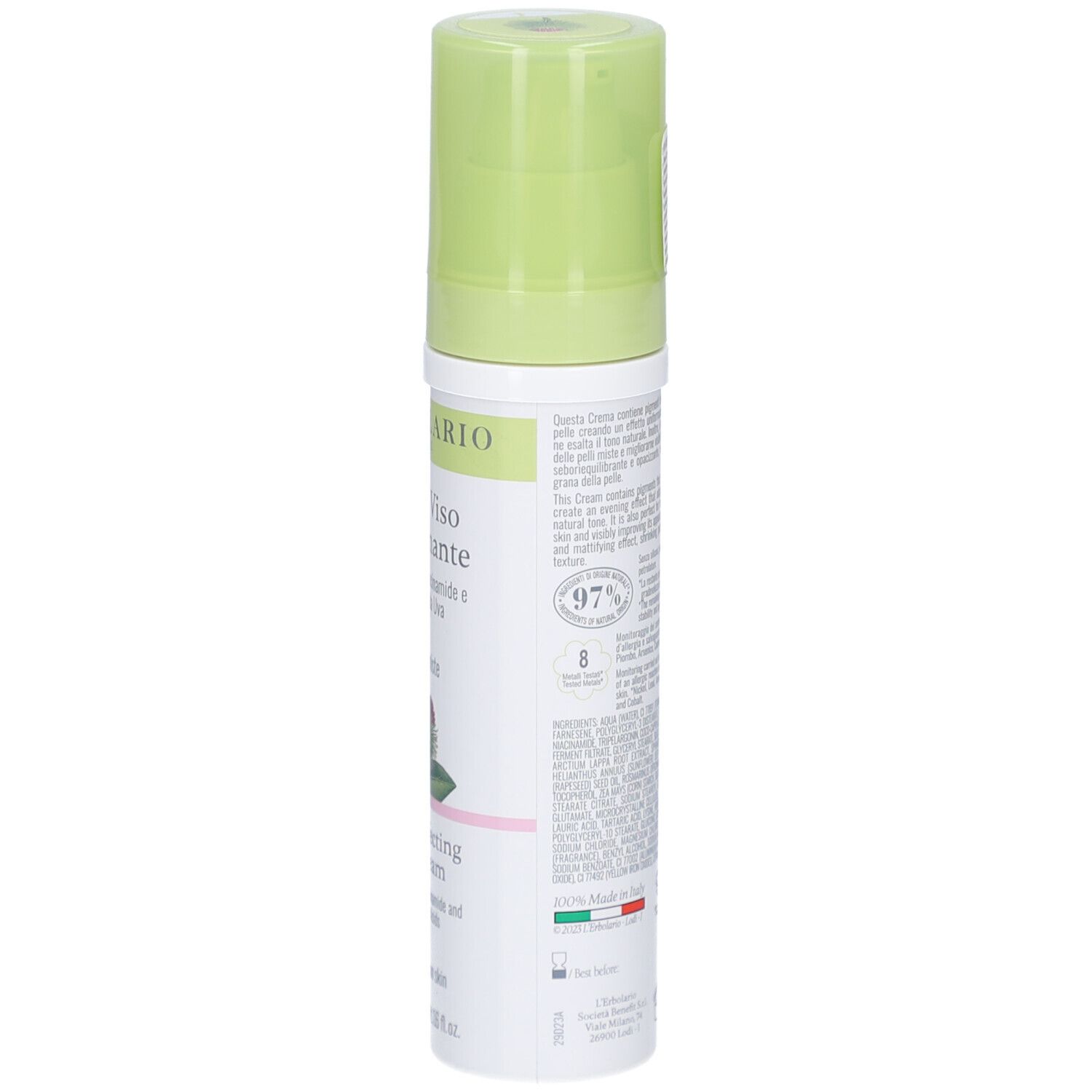 Creme-Spenderflasche, seitliche Ansicht. Weißer Behälter mit grünem Pumpkopf. Aufkleber mit Text und Logos. L'Erbolario Creme Viso Uniformante.