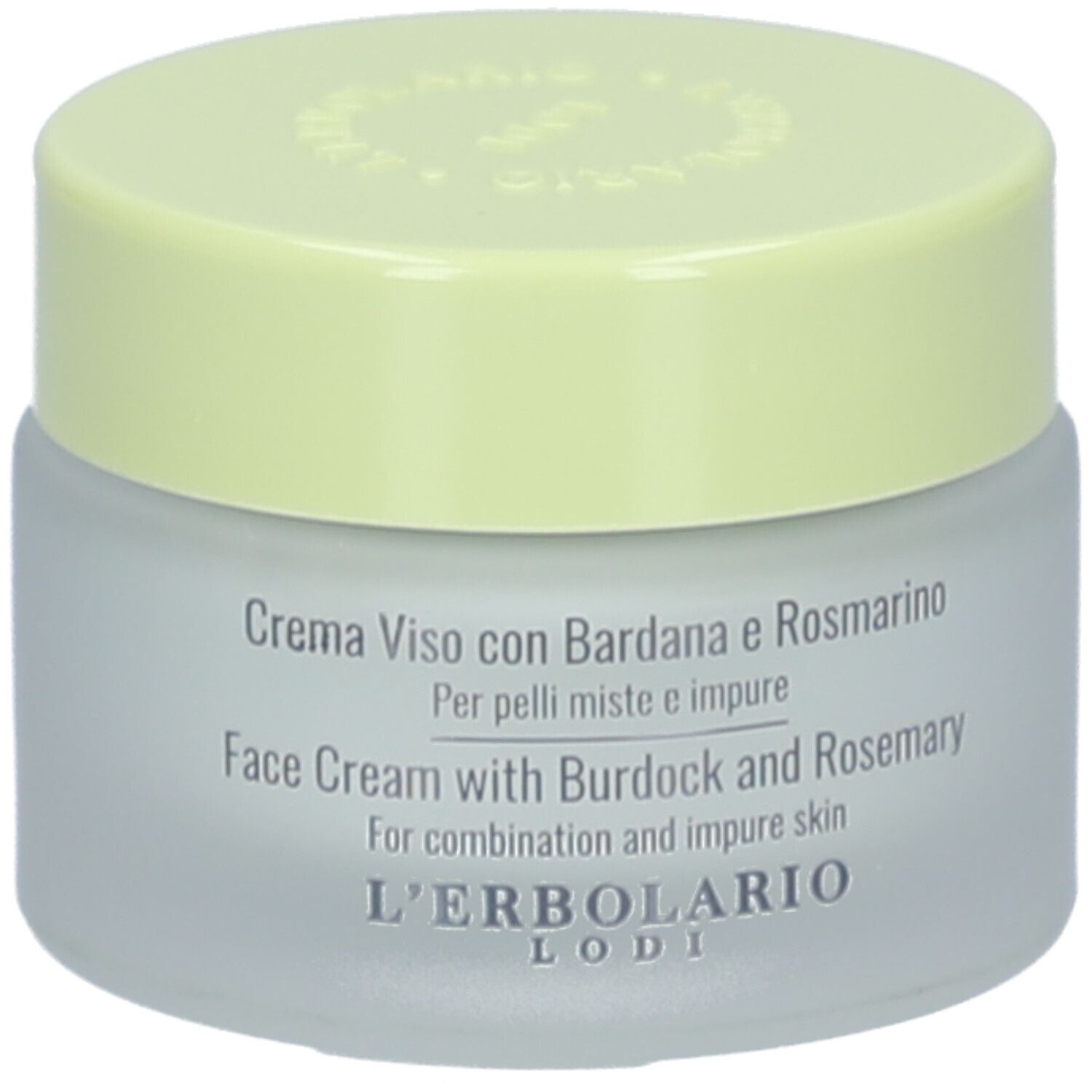 Creme-Glas mit gelbem Deckel. Beschriftung: Face Cream with Burdock and Rosemary. Marke: L'ERBOLARIO LODI.