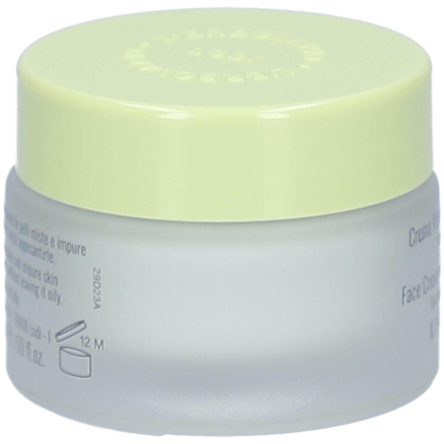 Creme-Glas mit gelbem Deckel. Aufschrift: Face Cream with Burdock and Rosemary. Marke: L'ERBOLARIO LODI. Rückseite mit Text.