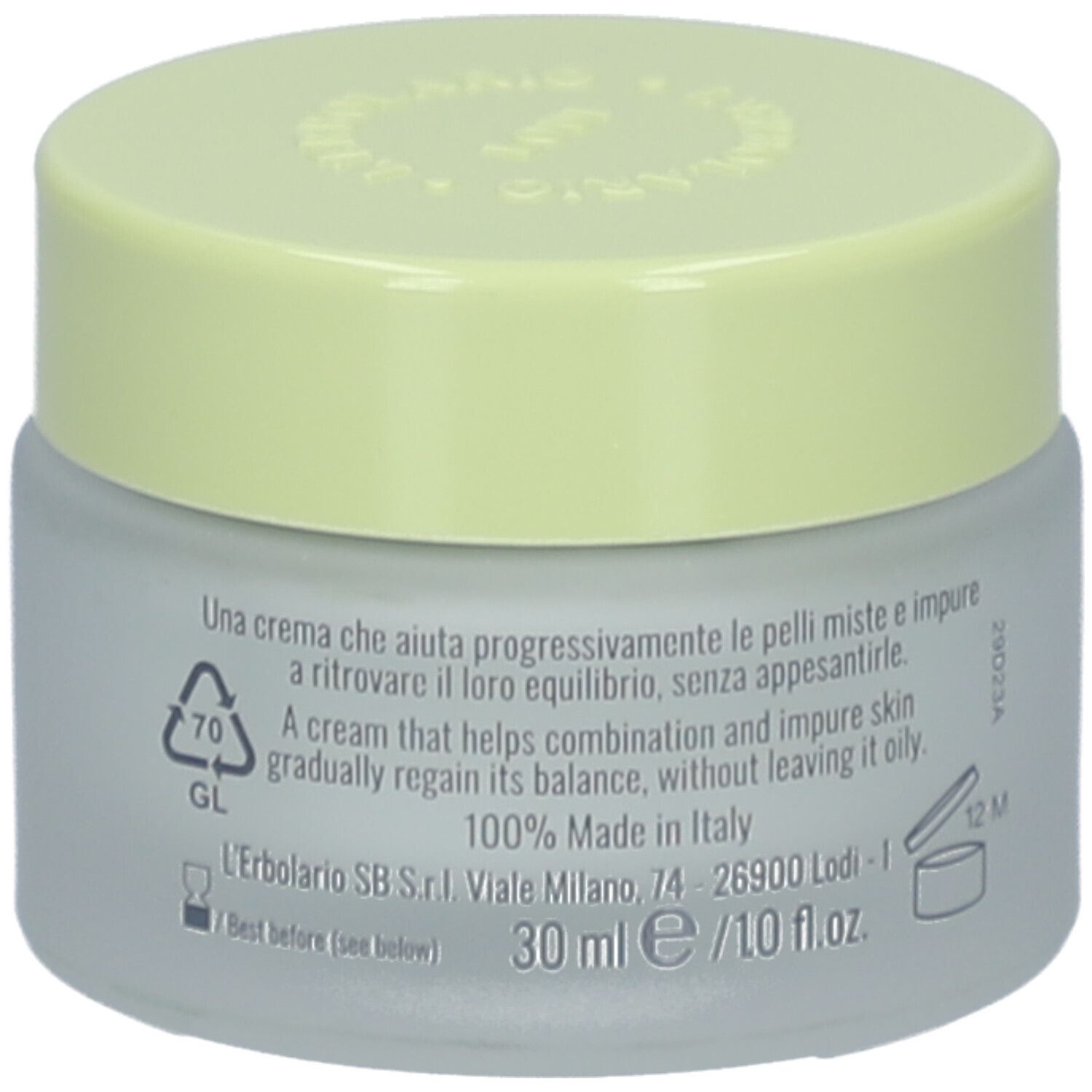 Creme-Glas mit gelbem Deckel. Aufschrift: Face Cream with Burdock and Rosemary. Marke: L'ERBOLARIO LODI. Text und Angaben.