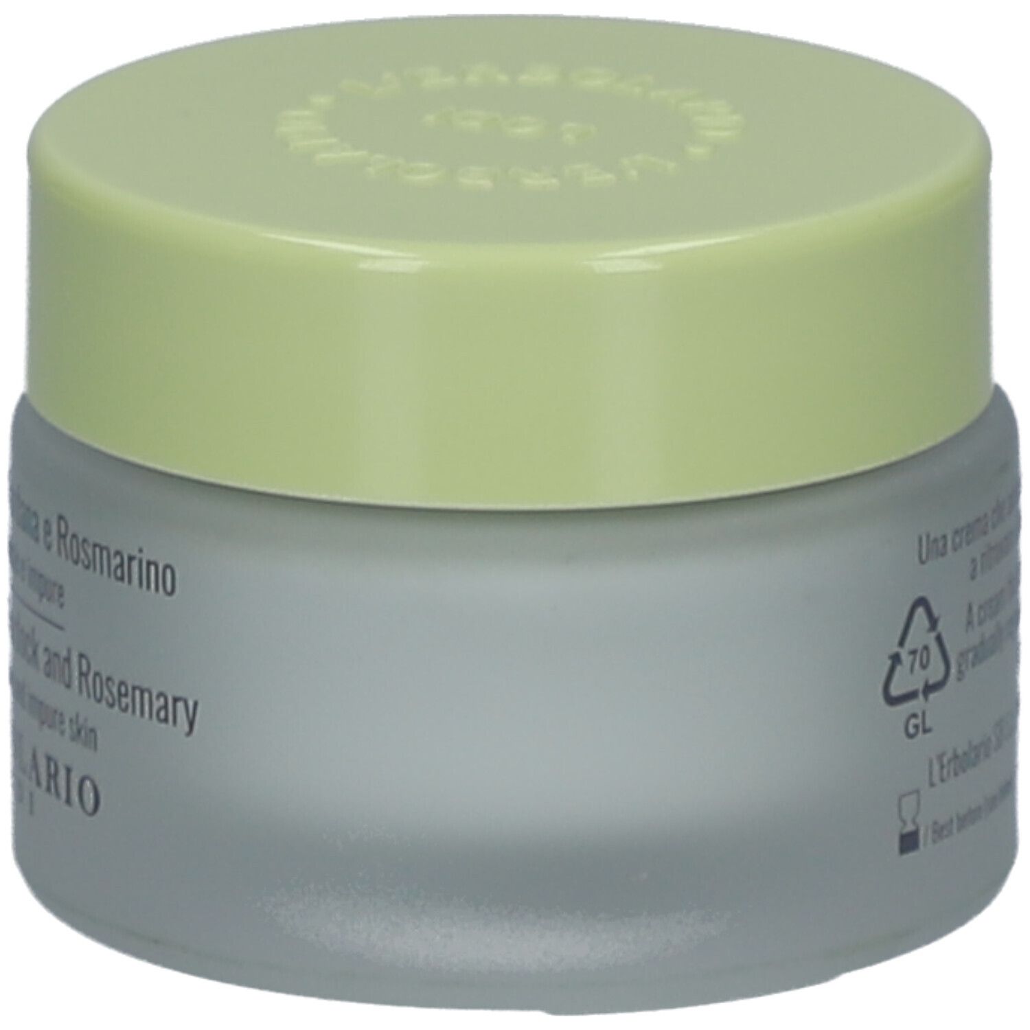 Creme-Glas mit gelbem Deckel. Aufschrift: Face Cream with Burdock and Rosemary. Marke: L'ERBOLARIO LODI. Rückseite mit Text.