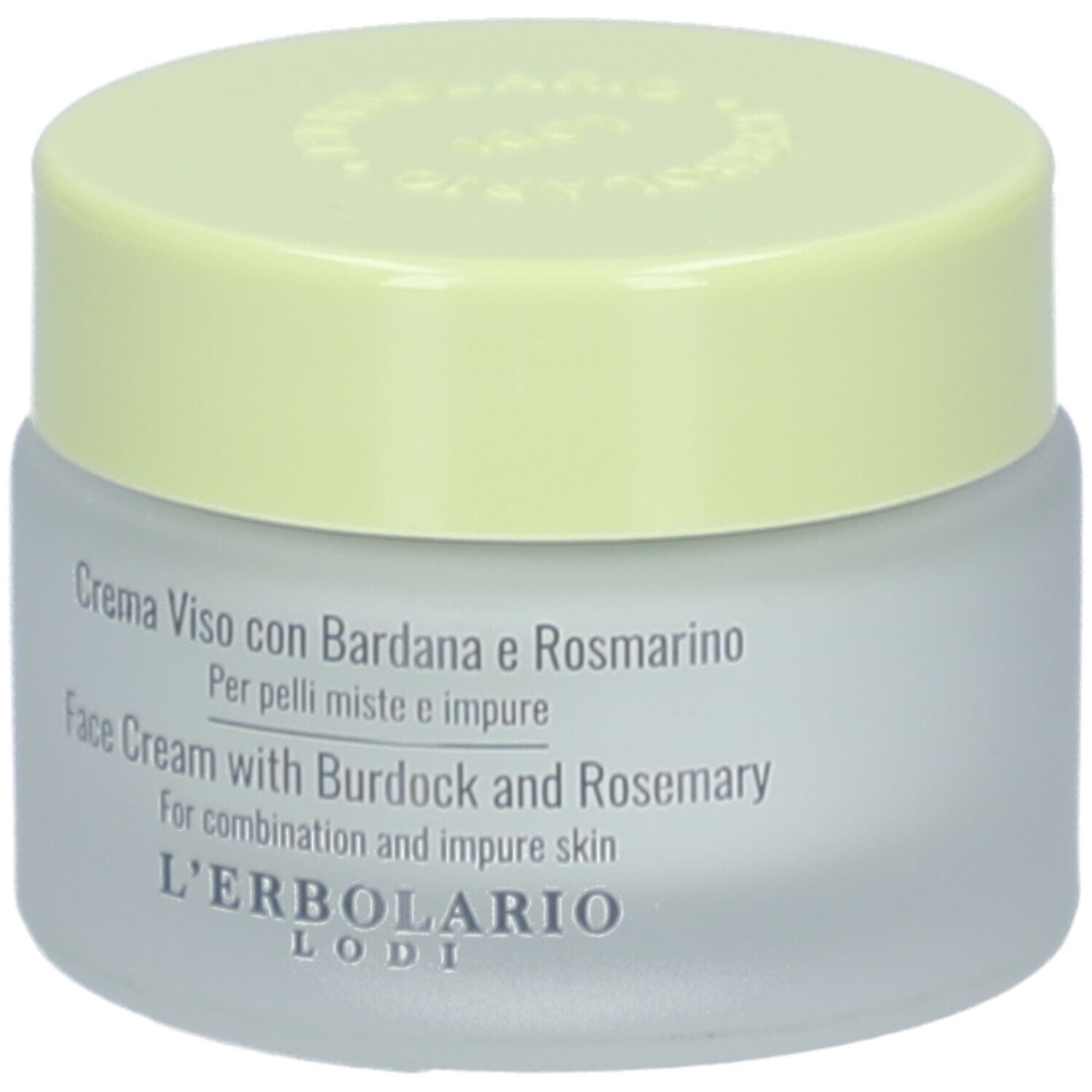 Creme-Glas mit gelbem Deckel. Aufschrift: Face Cream with Burdock and Rosemary. Marke: L'ERBOLARIO LODI.