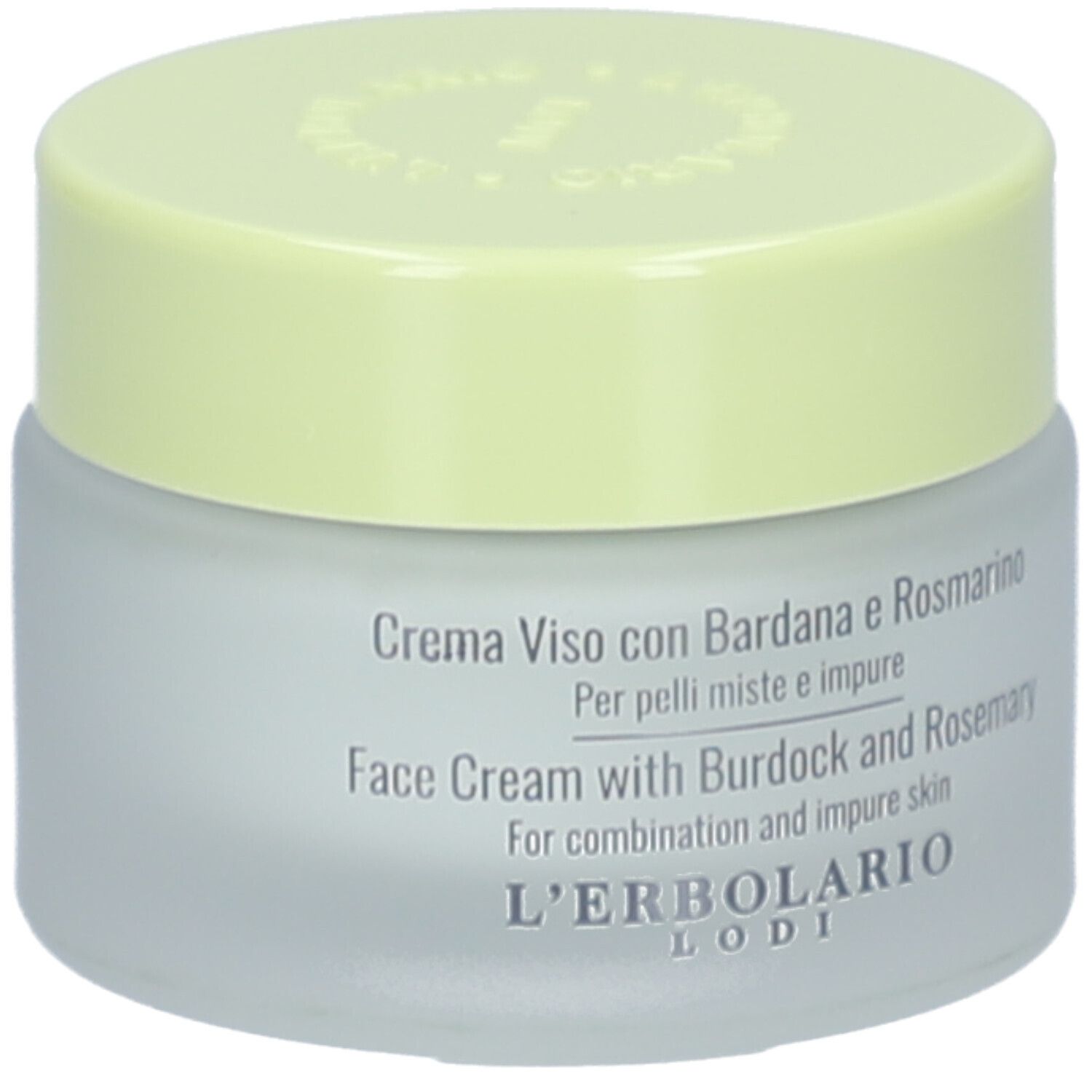 Creme-Glas mit gelbem Deckel. Aufschrift: Face Cream with Burdock and Rosemary. Marke: L'ERBOLARIO LODI.