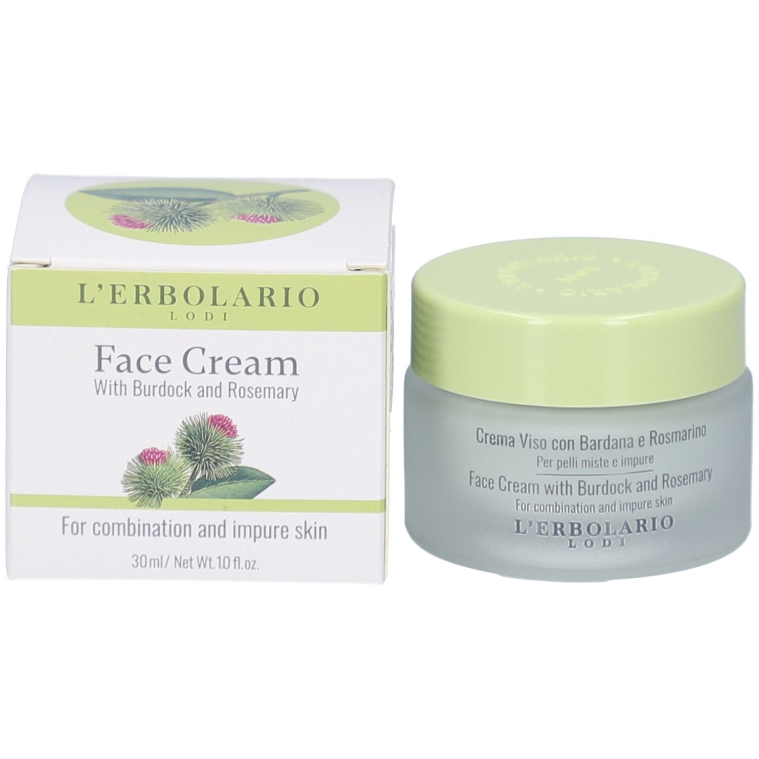 Creme-Glas und Schachtel. Aufschrift: Face Cream with Burdock and Rosemary. Marke: L'ERBOLARIO LODI. 30 ml.