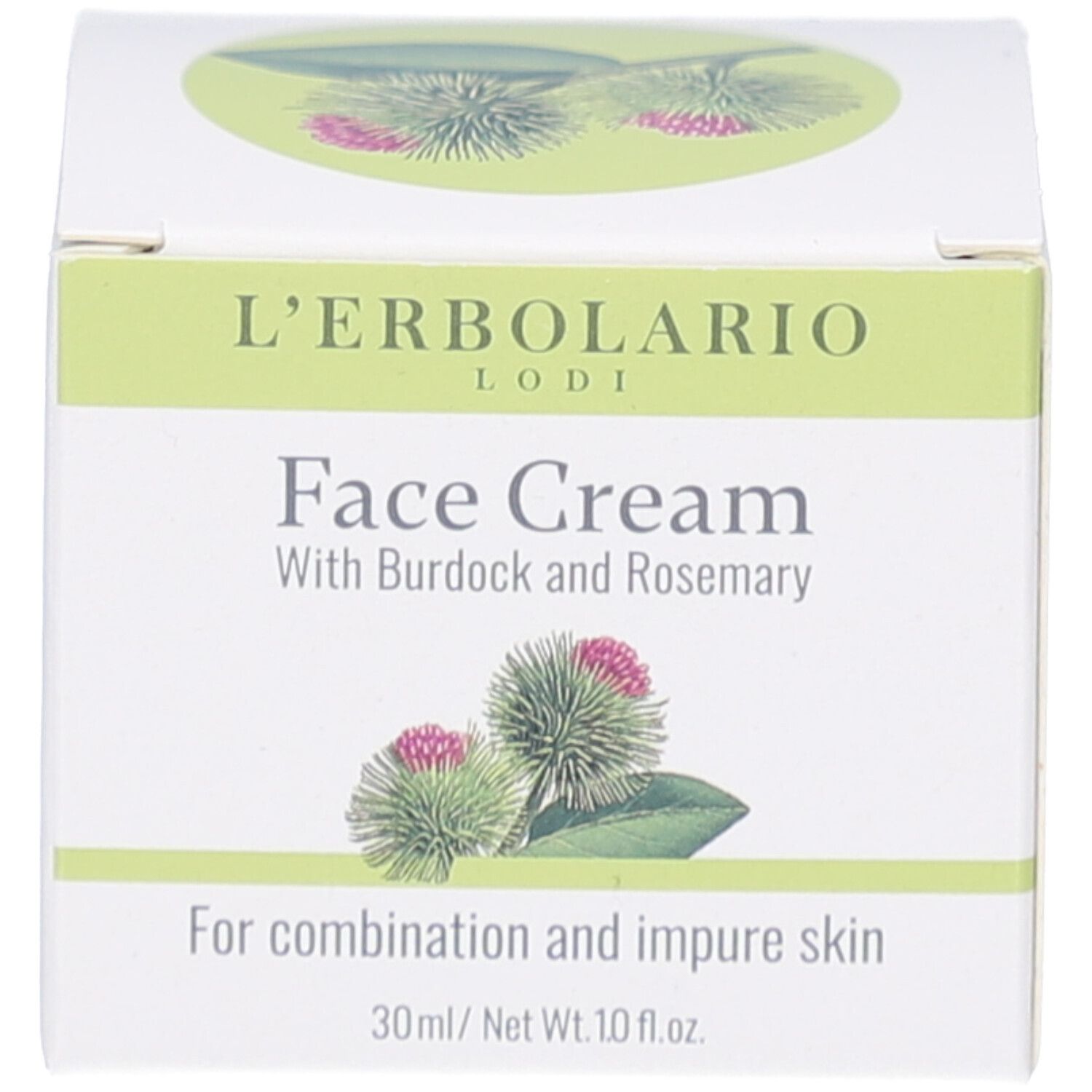 Schachtel mit Aufschrift: Face Cream with Burdock and Rosemary. Marke: L'ERBOLARIO LODI. 30 ml.