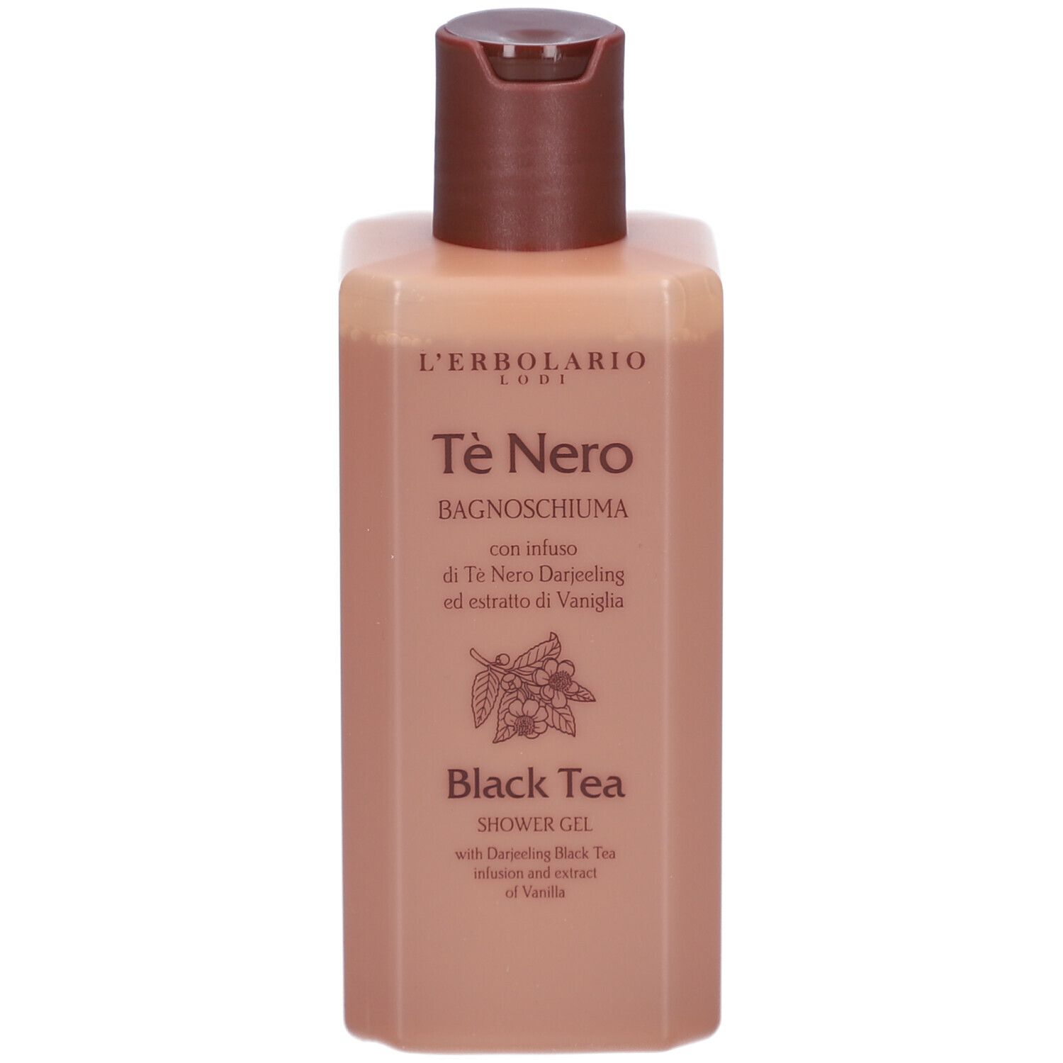 Beige-braune Flasche mit braunem Klappverschluss. Beschriftung: Tè Nero, Black Tea. Abbildung von Blüten und Beeren.