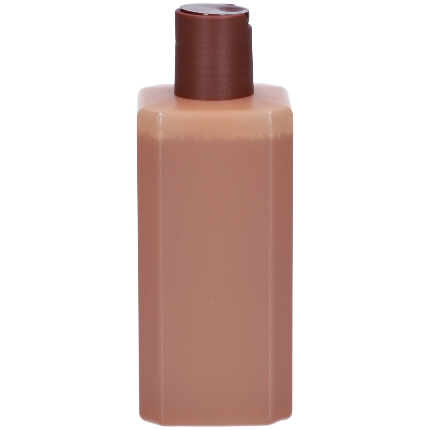 Beige-braune, rechteckige Flasche mit braunem Klappverschluss. Enthält eine bräunliche Flüssigkeit.