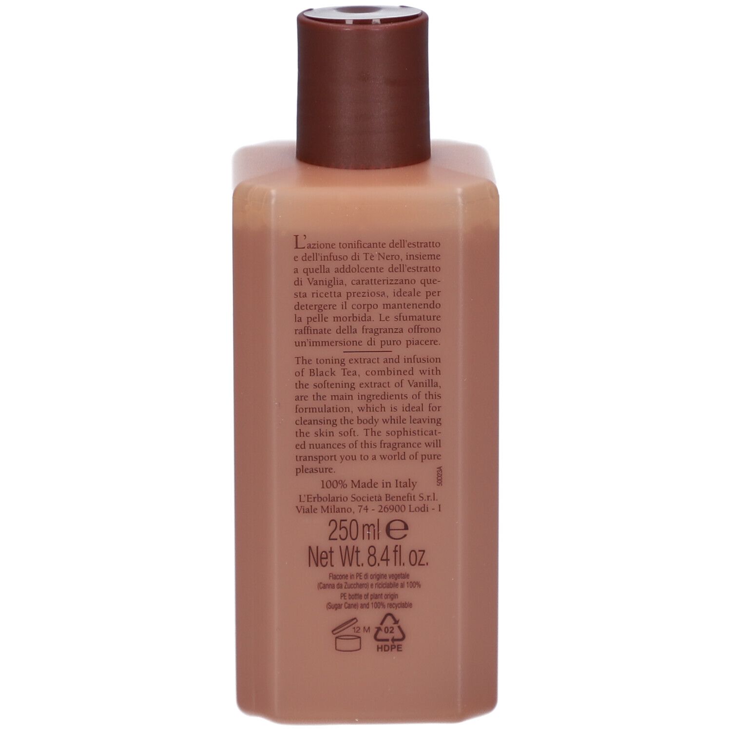 Rückseite einer beige-braunen Flasche. Text in italienischer Sprache. Angaben zu Inhaltsstoffen und Hersteller.