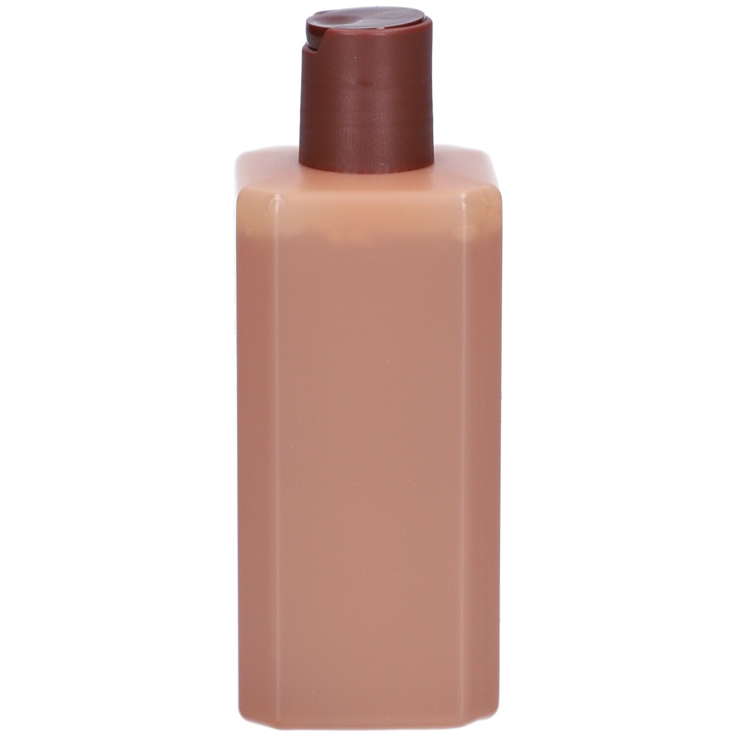 Beige-braune, rechteckige Flasche mit braunem Klappverschluss. Enthält eine bräunliche Flüssigkeit.
