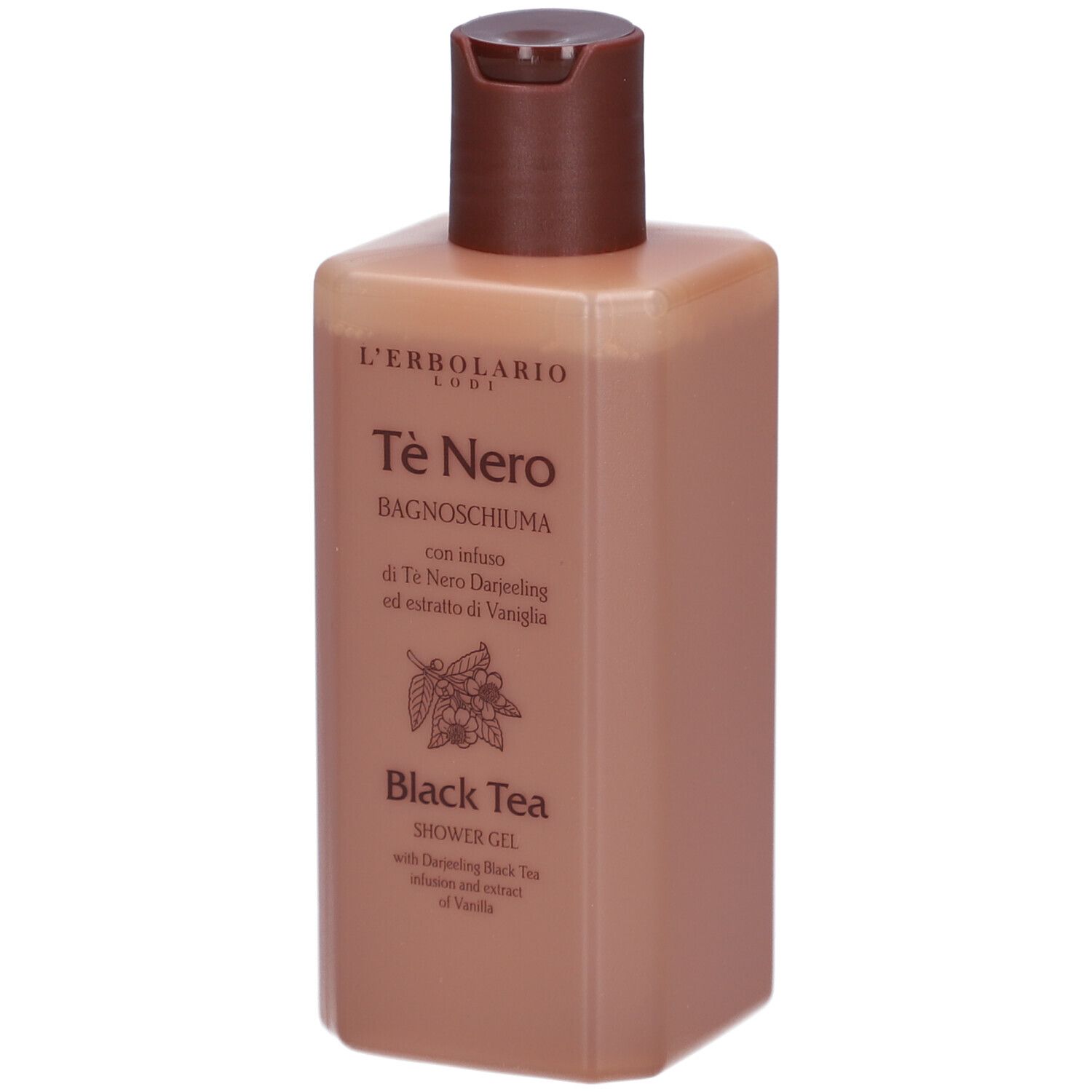 Beige-braune Flasche mit braunem Klappverschluss. Beschriftung: Tè Nero, Black Tea. Abbildung von Blüten und Beeren.