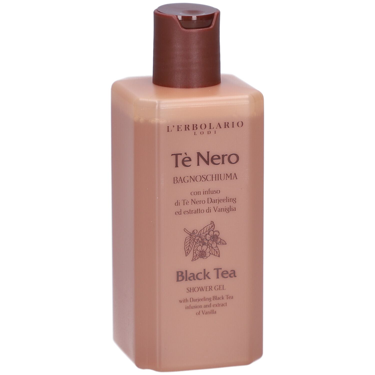 Beige-braune Flasche mit braunem Klappverschluss. Beschriftung: Tè Nero, Black Tea. Abbildung von Blüten und Beeren.