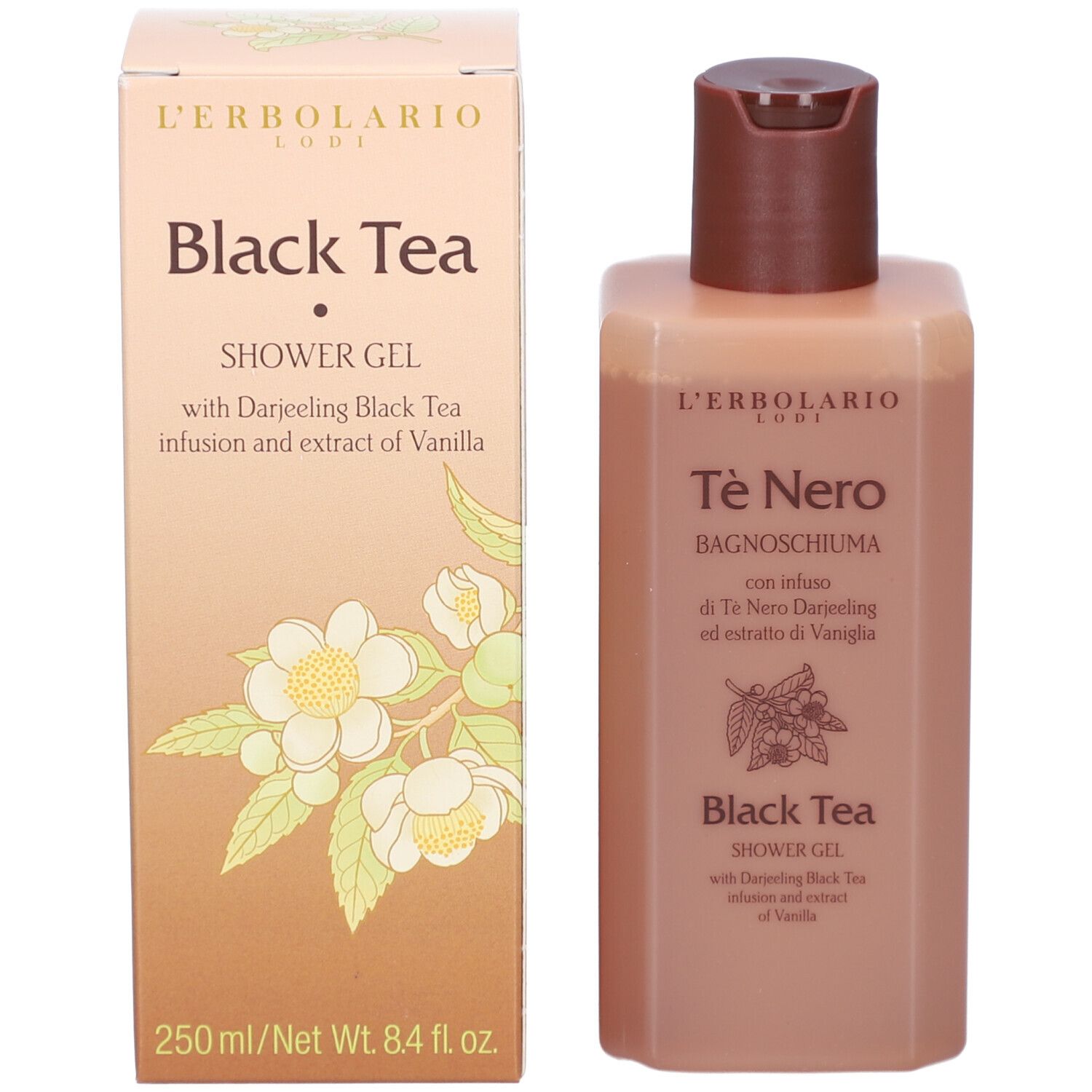 Produkt und Verpackung. Beige-braune Flasche und Karton. Beschriftung: Black Tea, Shower Gel. 250ml.