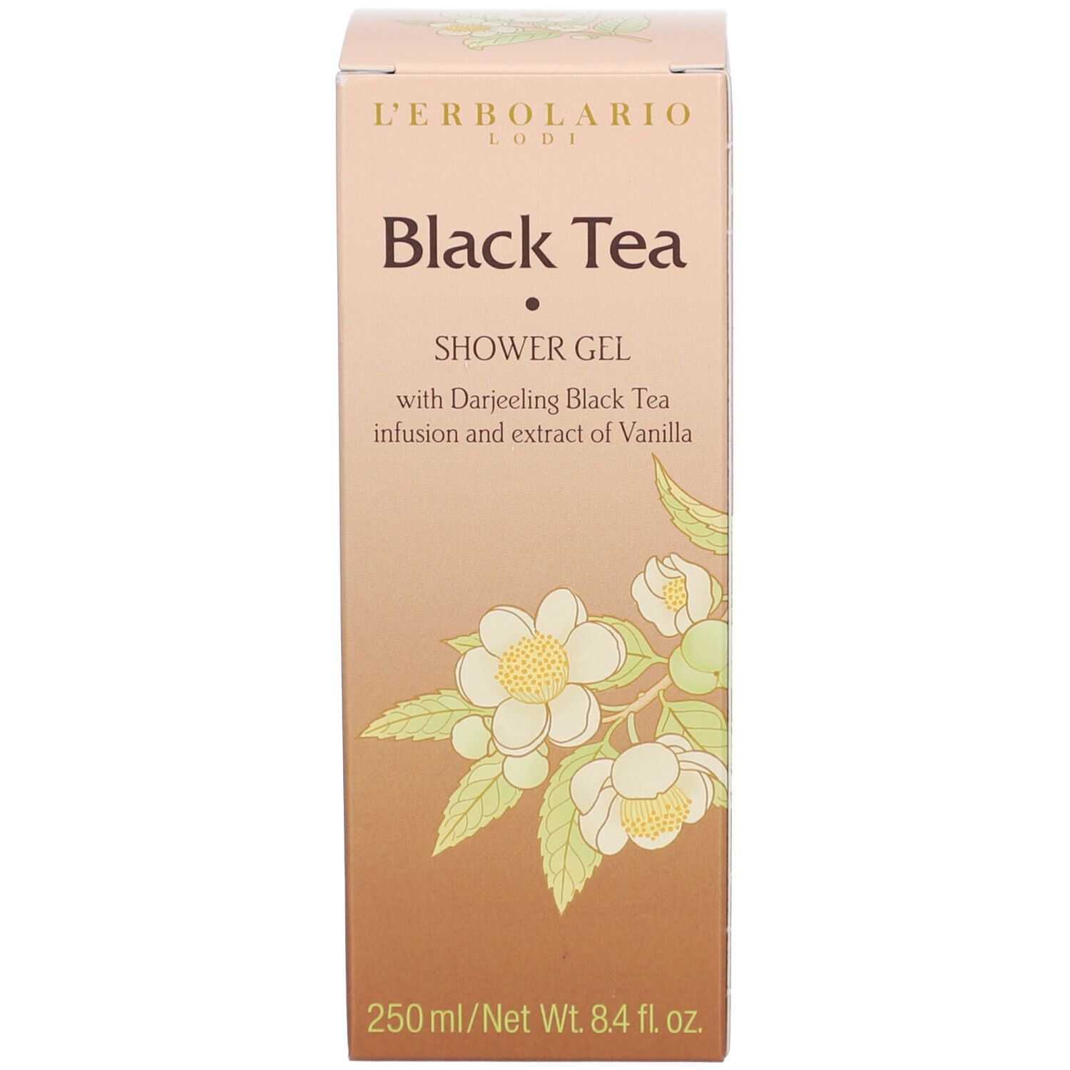 Kartonverpackung. Beschriftung: Black Tea, Shower Gel. Abbildung von Blüten. 250ml.