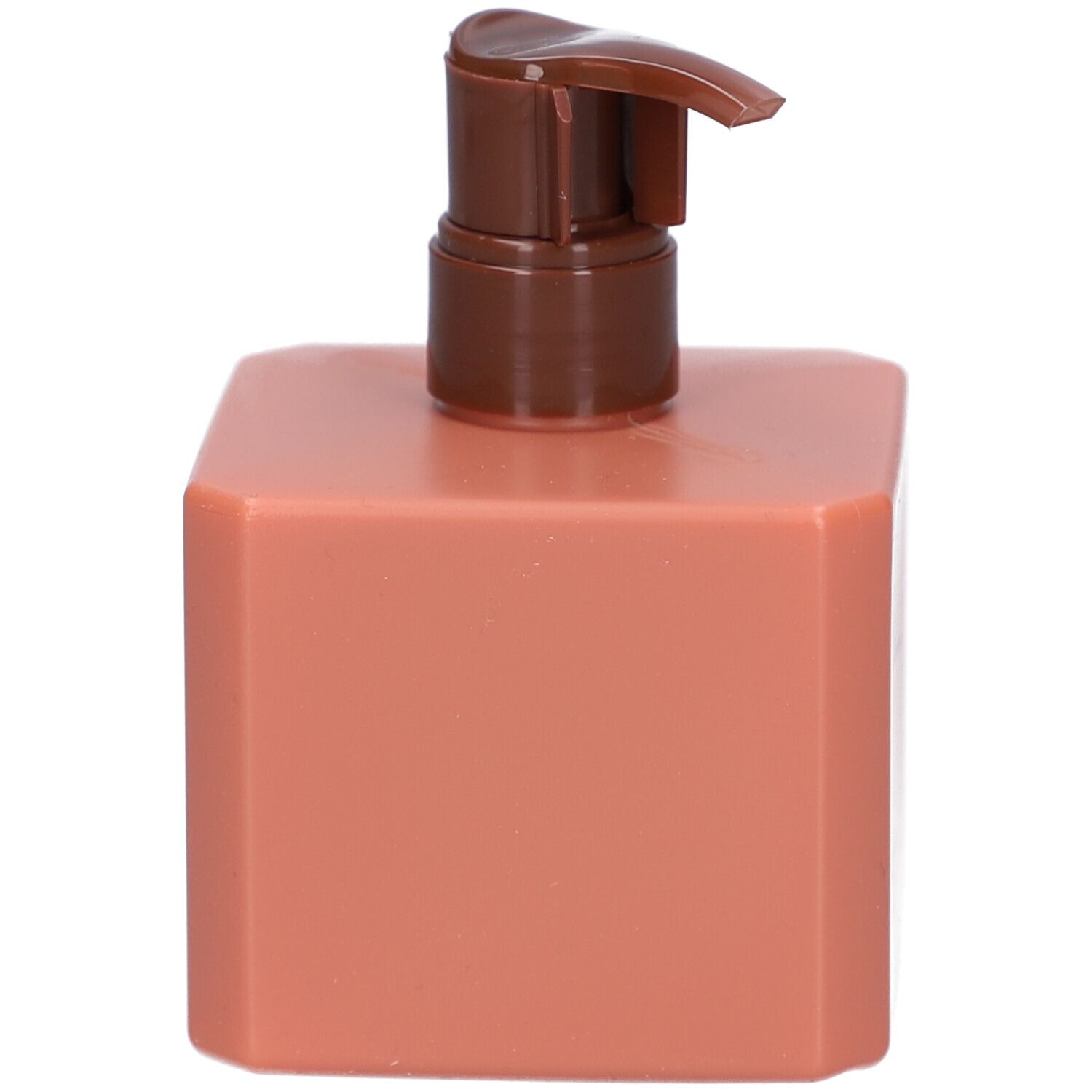 Rosa-farbener, quadratischer Behälter mit braunem Pumpkopf.