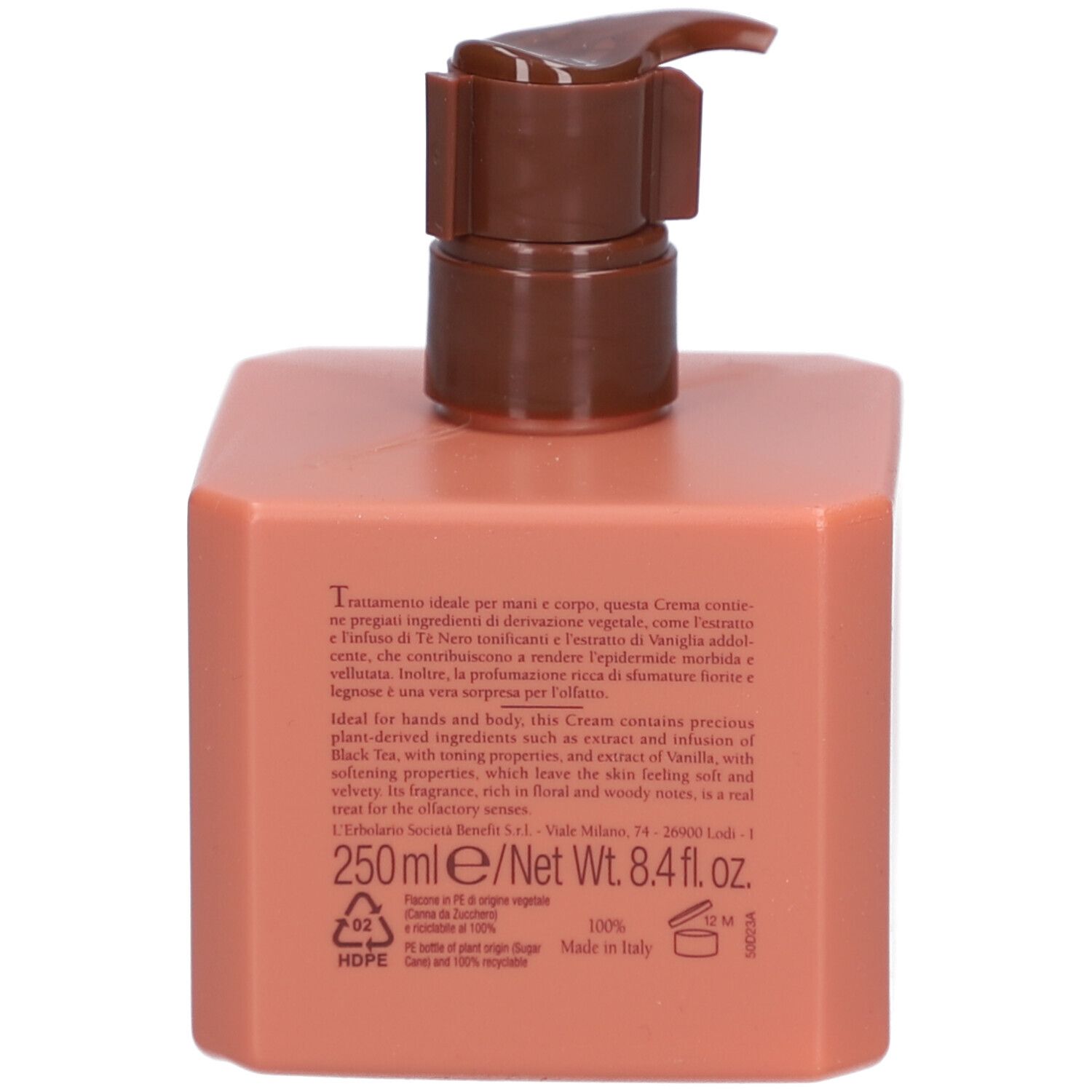 Rückseite des rosa Behälters mit braunem Pumpkopf. Text in italienischer und englischer Sprache.